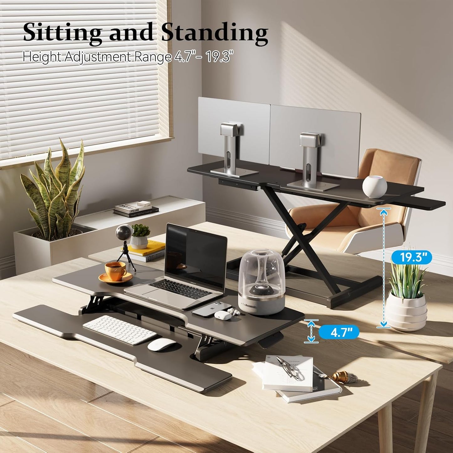 42 inch Standing Desk Converter, Height Adjustable Desktop Standing Desk with Keyboard Tray for Two Monitors, Sit to Stand up Desk Riser Computer Workstation for Home Office, Black