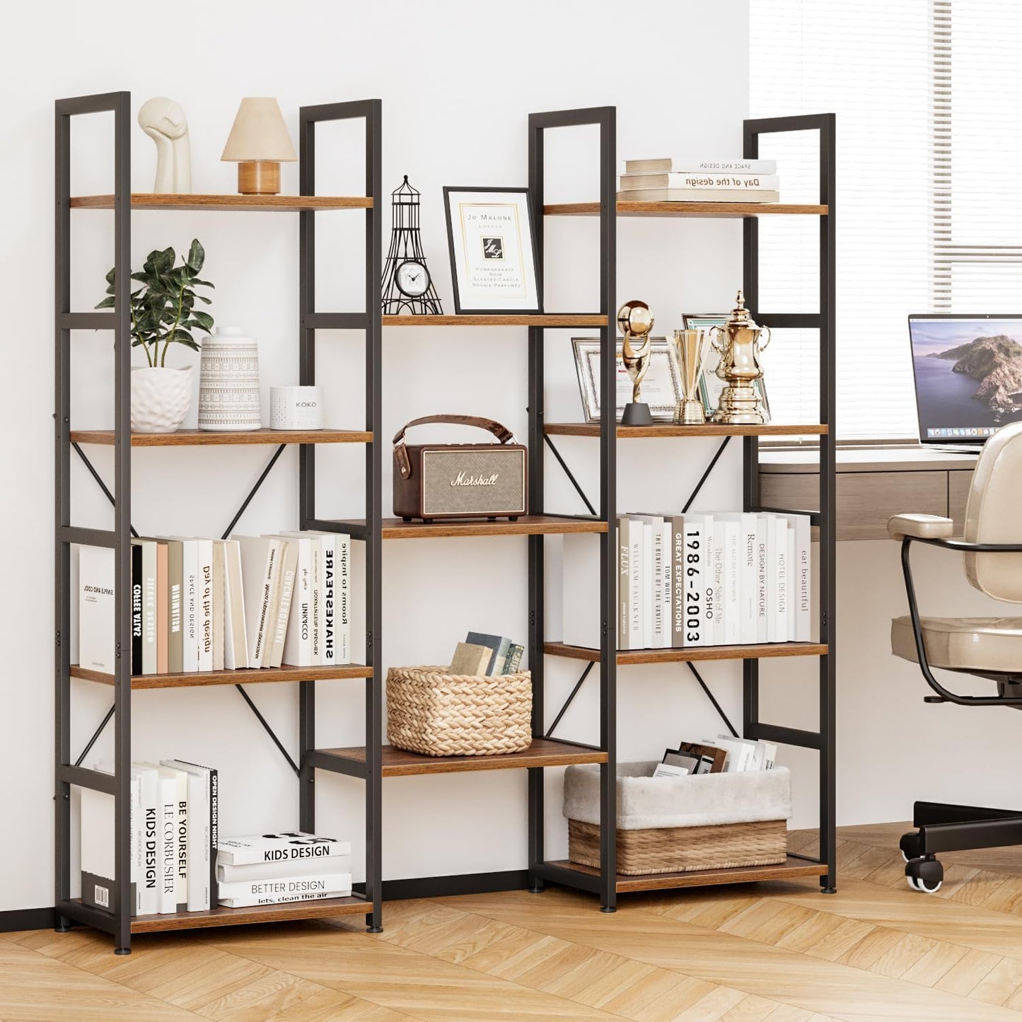 NUMENN Triple Column 4 Tier Bookshelf, Bookcase with 11 Open Display Shelves, Adjustable Rustic Industrial Style Book Shelves, Modern Bookshelves for Bedroom, Living Room and Home Office, Vintage