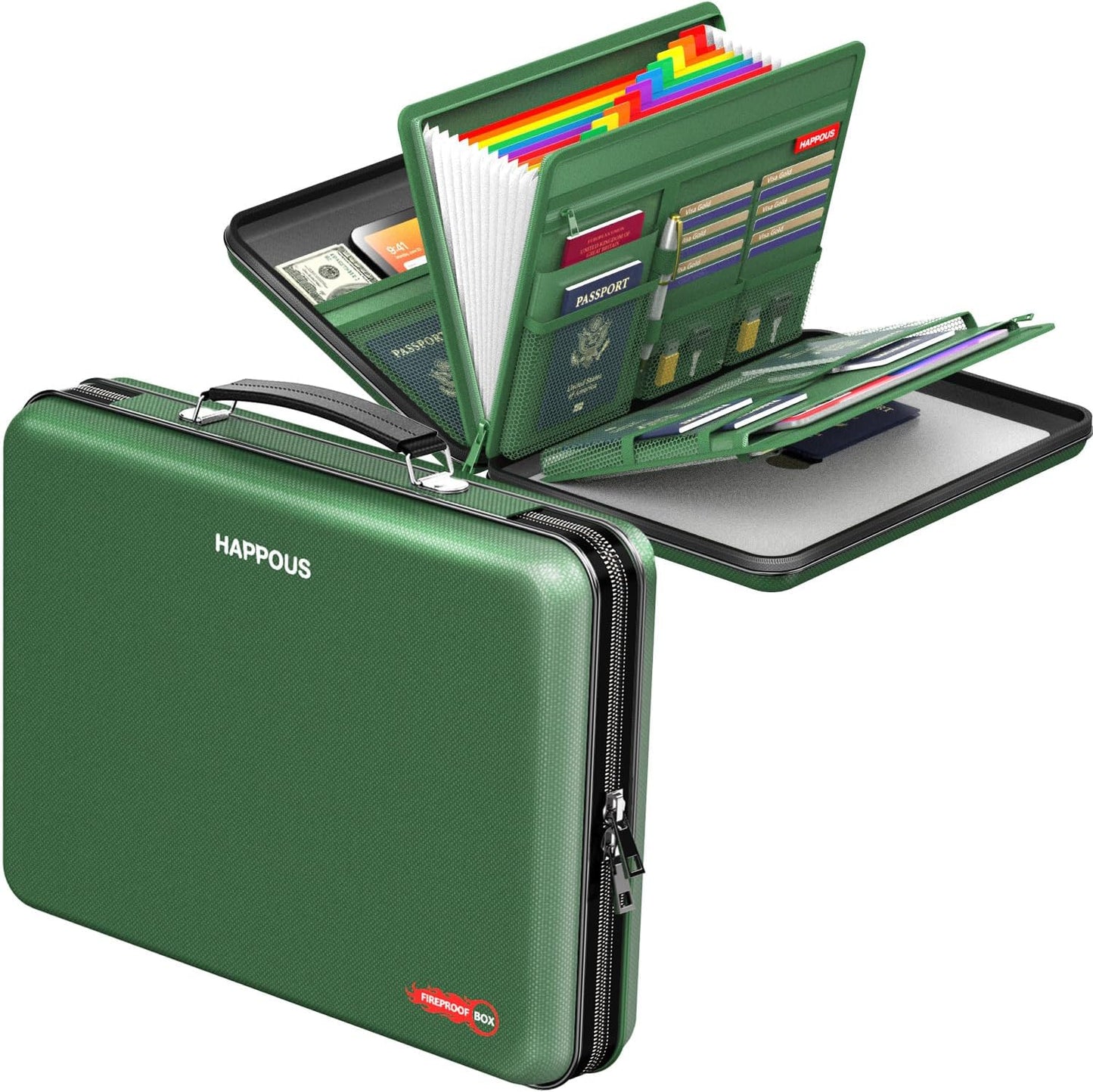 Fireproof Document Box, Expanding File Organizer with 13 Pockets, Portable Fireproof File Box Hard-Shell Document Organizer Storage for Documents Laptop Passports Cards Green