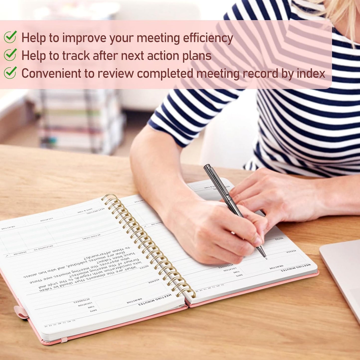 WEMATE Meeting Notebook for Work B5 (7"x10") - PU Leather Work Notebook with Agenda, Action Items & Notes - 200 Pages for Men&Women, Staff and Students, Meeting, Projects Planning -Rose Gold