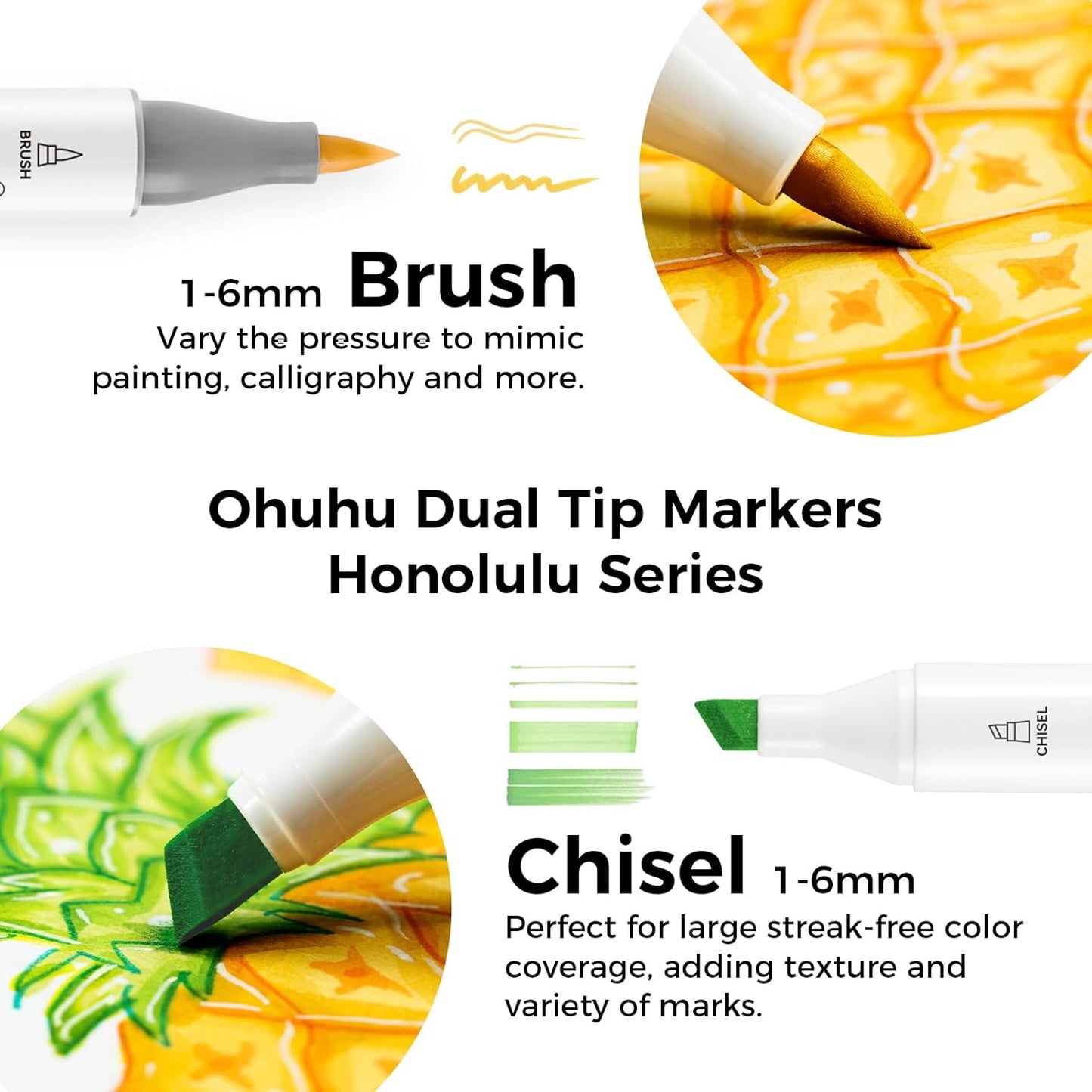 Ohuhu Alcohol Markers Brush Tip - Double Tipped Art Marker Set for Artist Illustration - 72 Colors - Chisel & Brush Dual Tips - Honolulu - Refillable