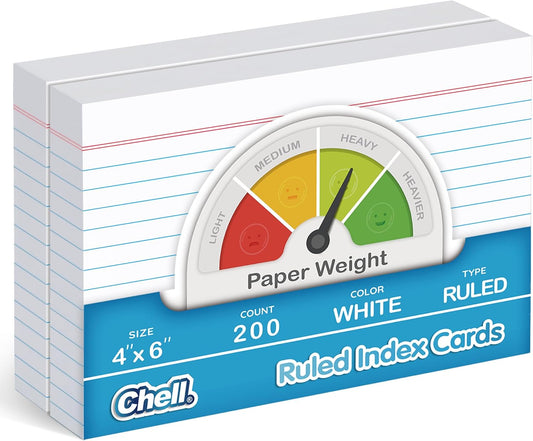 Chell Ruled Index Cards 4x6 Inch Heavyweight, 200 Count, Ruled Front and Blank Back, 65 lb. Cover Weight, White