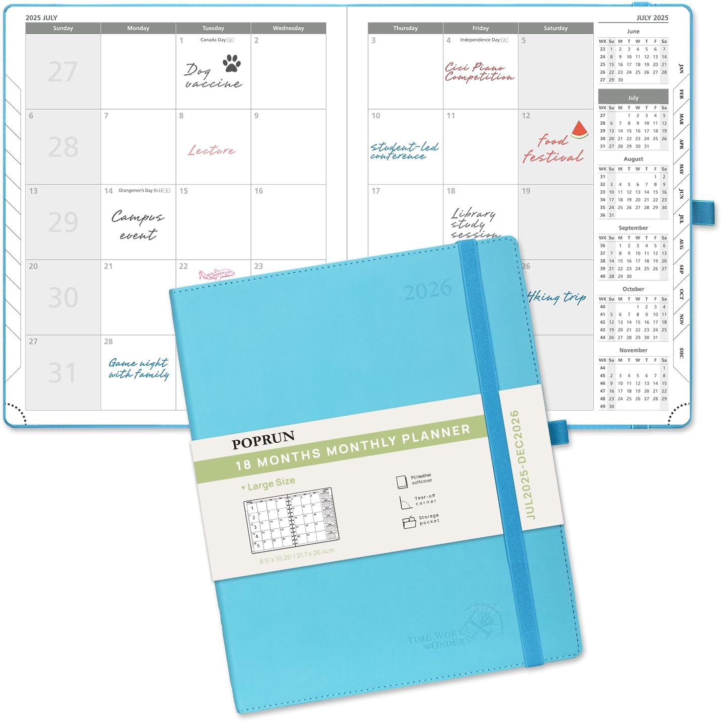 POPRUN Monthly Planner 2025-2026 (Large- 8.5" x 10.5" Soft Cover), 18-Month Calendar Book (Jul.2025-Dec.2026), Calendar Planner with Monthly Tabs & Pocket, 100 GSM Paper - Blue Green