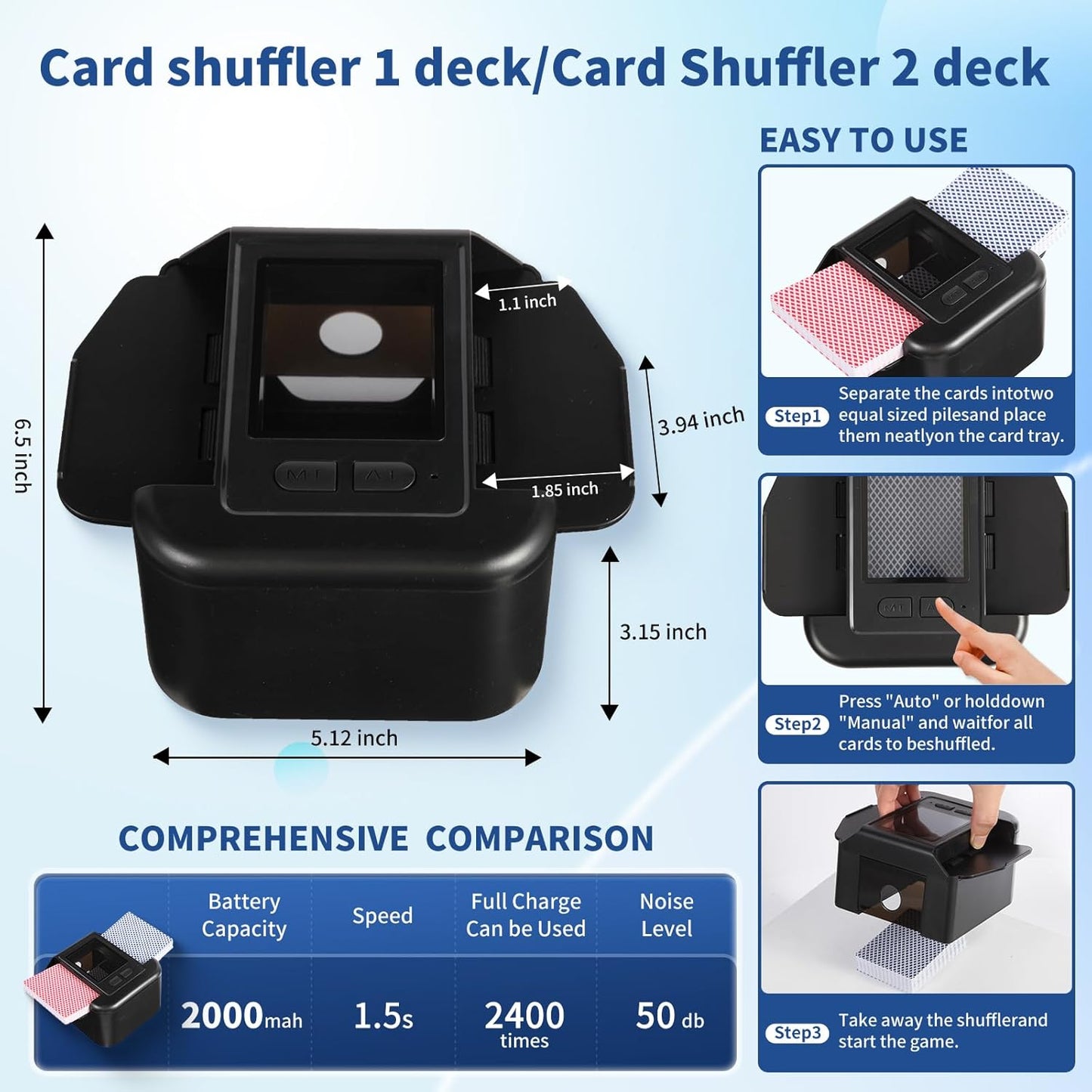 Rechargeable Automatic Card Shuffler for 2 Decks, 2000 mAh Built in Battery USB-C Charge, Low Noise Fast Shuffle, Smart Auto Shuffler for UNO Poker Blackjack Skip-Bo Texas Hold'em Canasta Skyjo(Black)