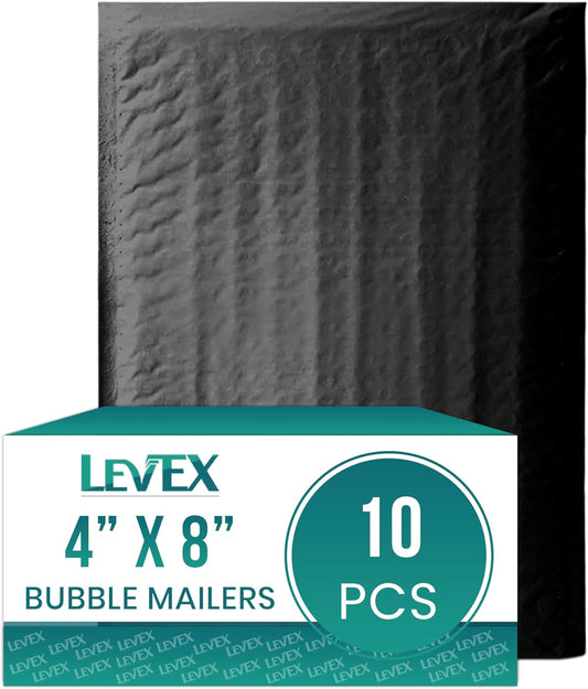 Levex - #000 4" x 8" [10 Pack] Black Poly Bubble Mailers, Padded Envelope Mailers, Packing Envelope & Mailing Bags for Shipping