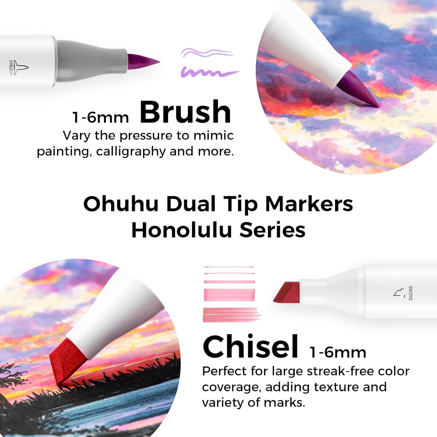 Ohuhu Alcohol Markers Brush Tip- 104-color Double Tipped Alcohol Based Art Marker Set for Artists Adults Coloring Illustration- Honolulu of Ohuhu Markers- Dual Tip Brush & Chisel- Refillable