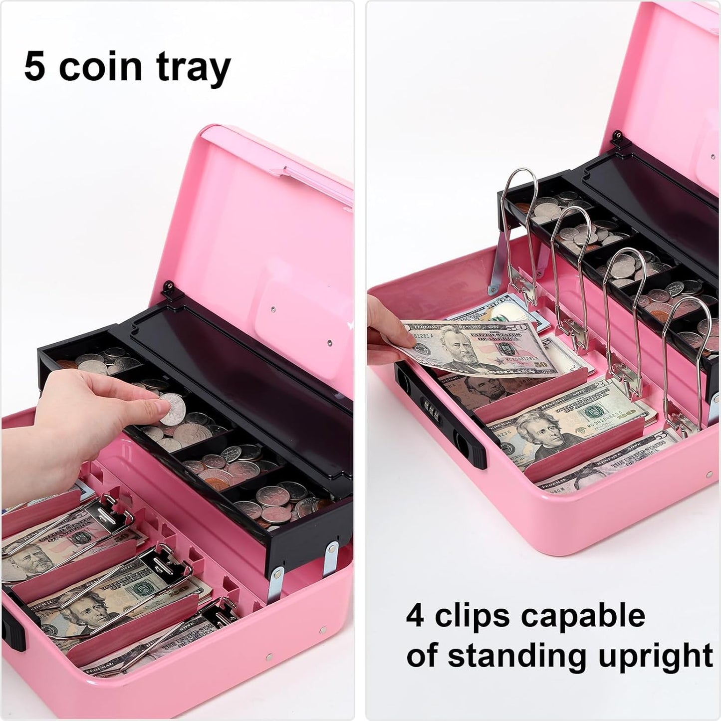 Jssmst Locking Cash Box with Coin Lid, 11.8L x 9.5W x 3.5H Inches, Latch Safe Money Box with Combination Lock, Pink