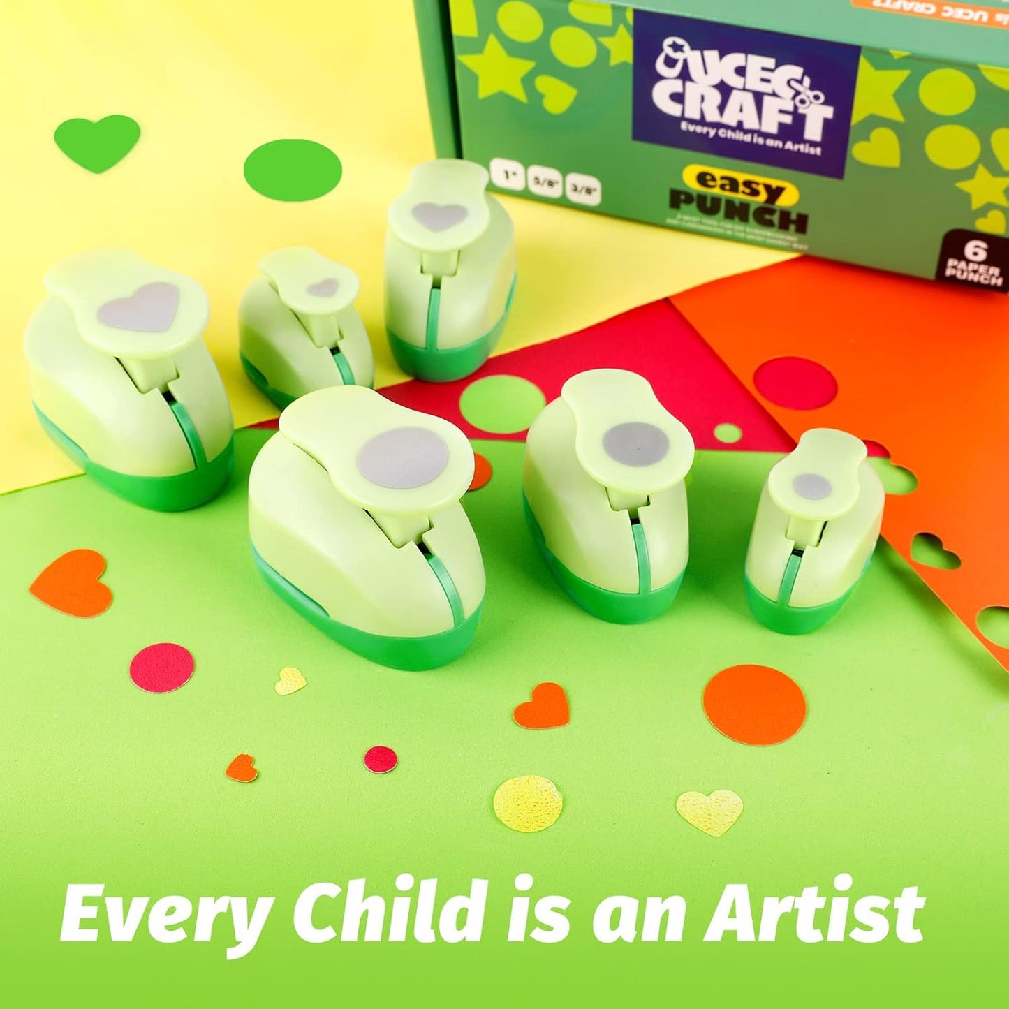 UCEC Circle Hole Punch, Paper Punches for Crafting, 3/8+5/8+1 Inch Circle Punches, Heart Hole Punch, Shape Puncher Cutter for Paper Crafts Scrapbooking, 6Pcs