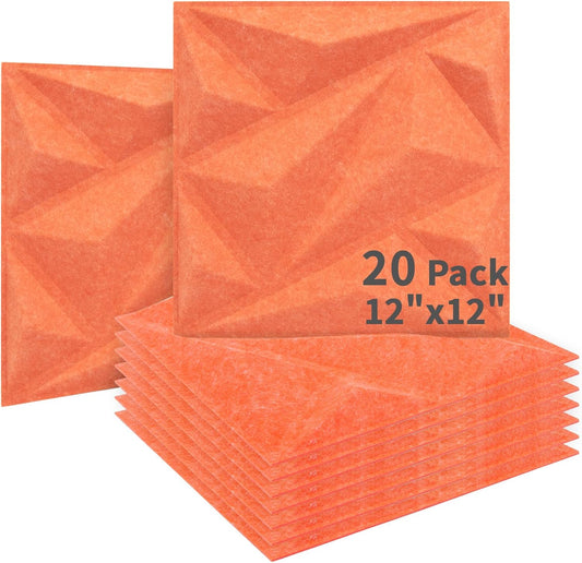Art3dwallpanels Acoustic Panels 20 Pack Soundproof Wall Panels Sound Dampening Panels, 3D Wall Panels Sound Absorbing Panels, 12" X 12", Orange Red without Tape