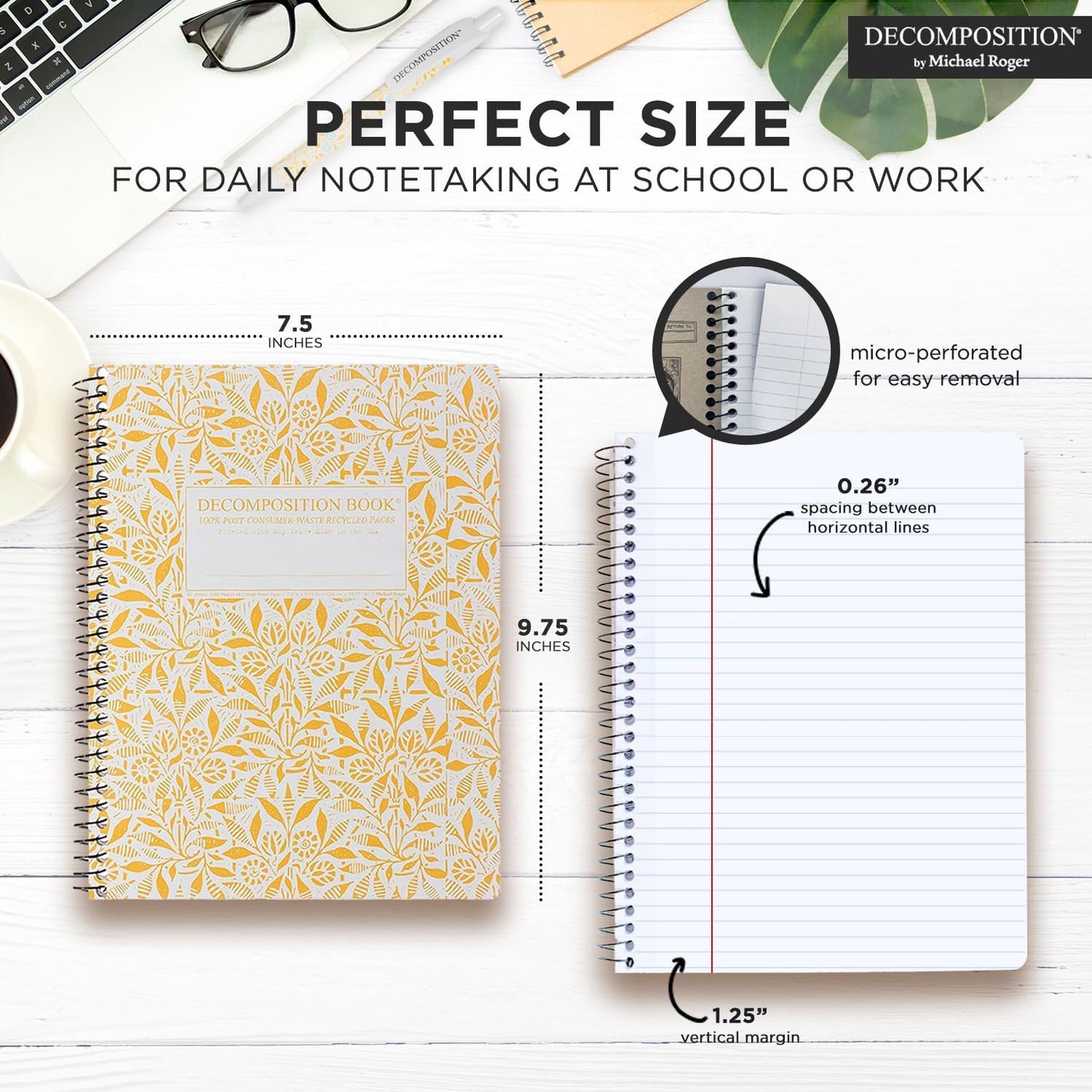 Decomposition 3-Pack Floral Harmony College Ruled Spiral Notebook - 9.75 x 7.5 Journal with 160 Lined Pages - 100% Recycled Paper - Cute Notebooks for School Supplies, Home & Office - Made in USA