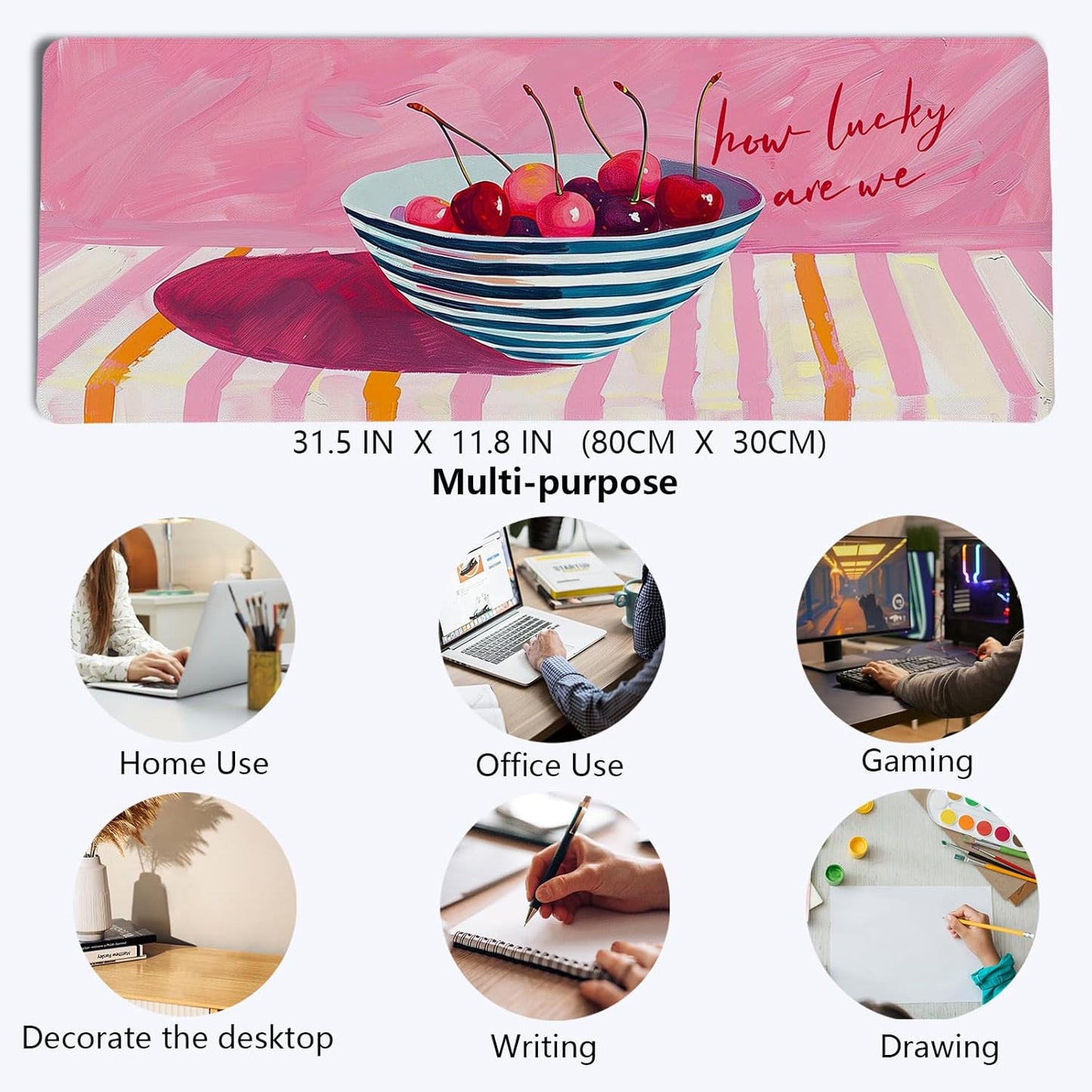 Pink Cherry Mouse Pads,Fun Girly Offices Decor Desk Mat,Pink Preppy Desk Mat,How Luck XL Large Mouse Pad,Fun Office Accessories Decor for Women Home Office Dorm 31.5x11.8Inch