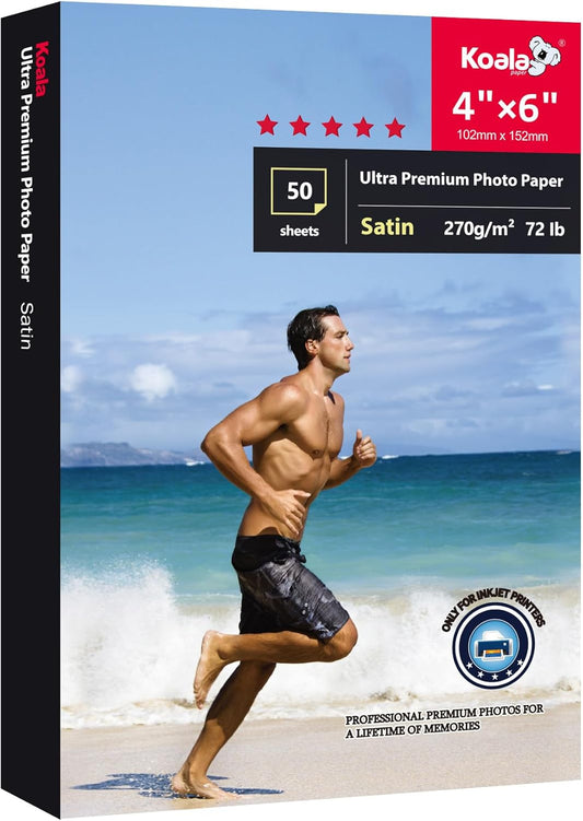 Koala Ultra Premium Photo Paper 4X6 In Satin Photo Printer Paper for Inkjet Printer Water-Resistant Semi Gloss 50 Sheets 72lb