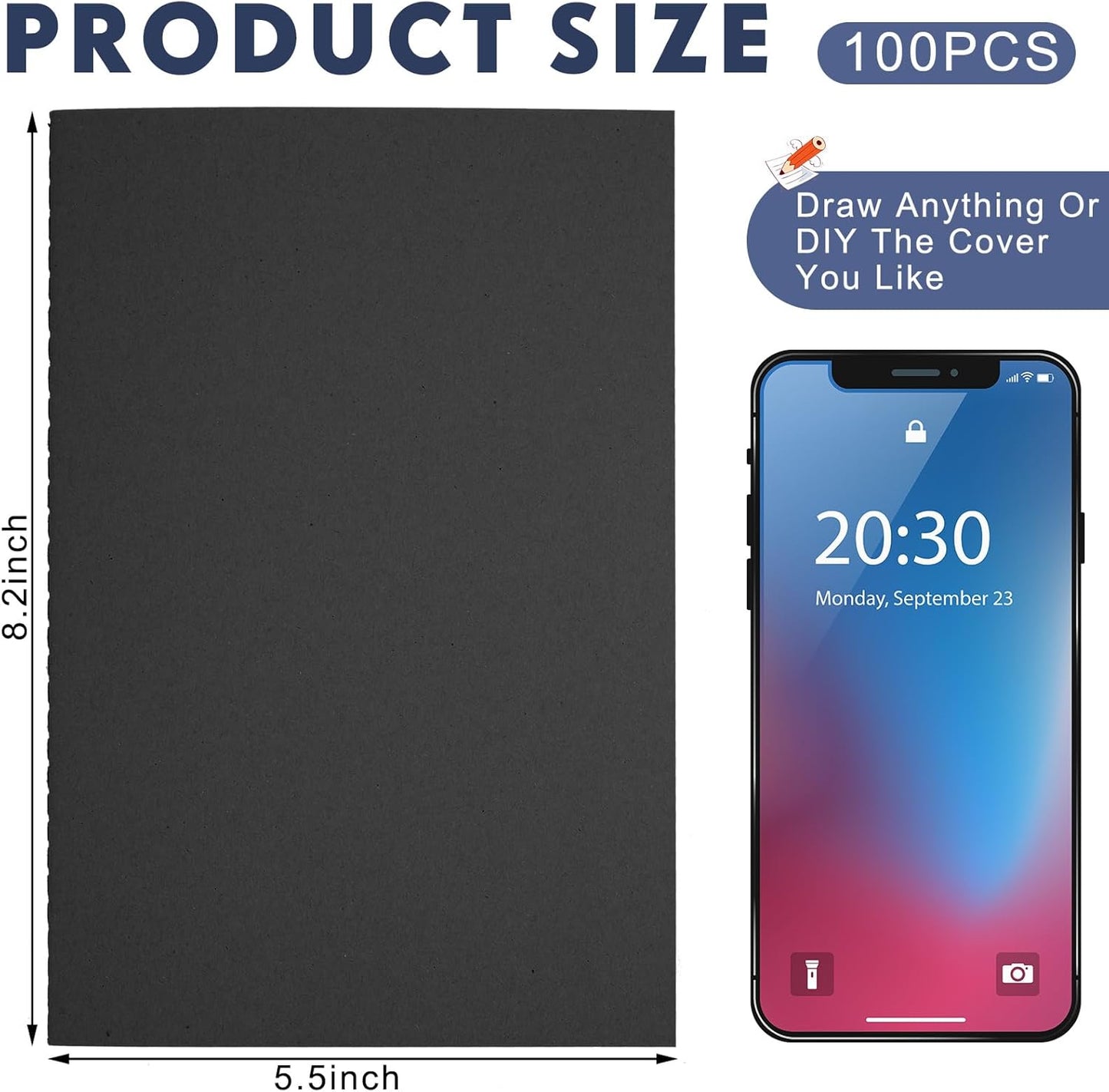 Mimorou 100 Pcs Kraft Notebook Journals 5.5 Inch x 8.3 Inch A5 Softcover Notebooks Bulk for Writing Sketch Office Notepad with 60 Pages 30 Sheets (Black,Dot)