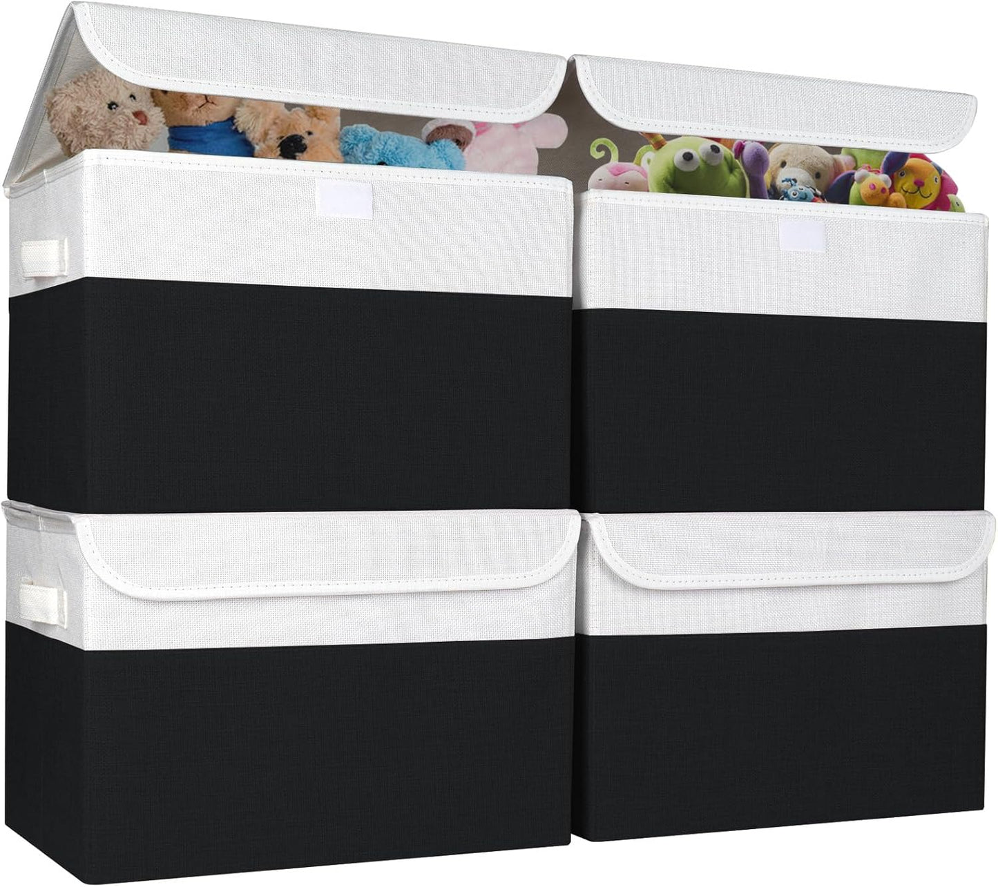 Large 22 Quart Linen Fabric Foldable Storage Bin Cube Organizer Basket with Flip-Top Lid & Handles, Clothes Blanket Box for Home, Office, Closet, Black & White, 4 Pack 14.6 x 9.5 x 9.5