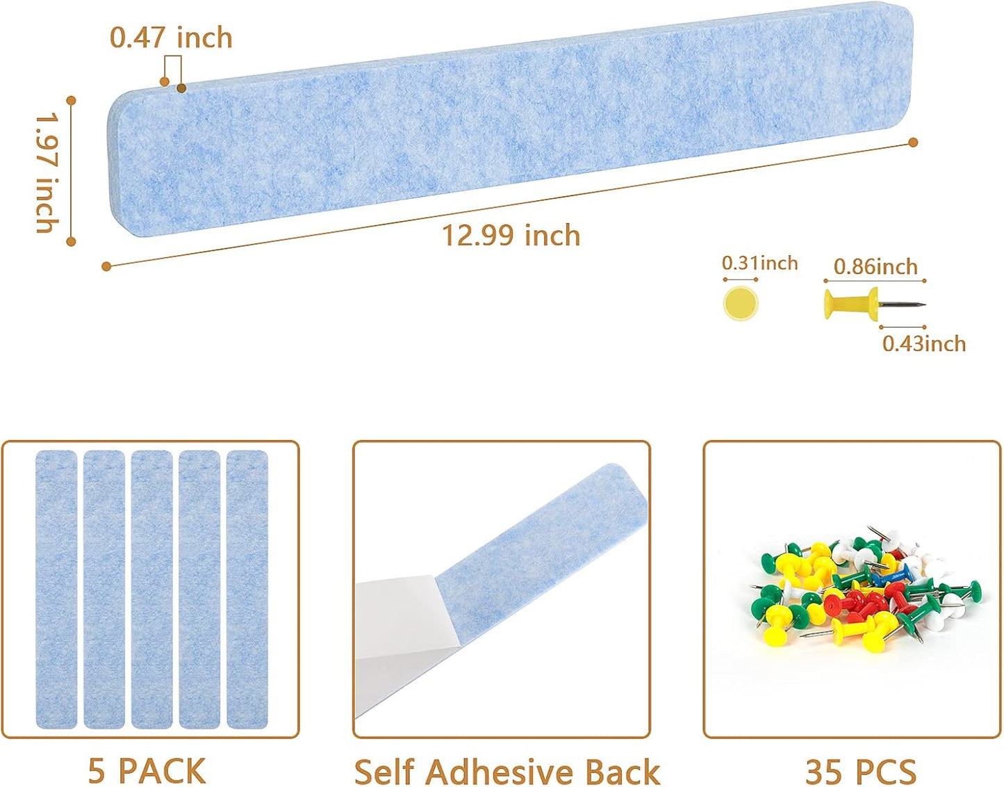 5 Pack Bulletin Board for Bedrooms Offices Home Wall Decoration, Notice Board Self Adhesive Cork Board with 35 Push Pins for Paste Notes, Photos, Schedules