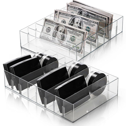 2 Pack Eyeshadow Palette Makeup Organizer, 8 Section Plastic Cash Organizer with Removable Devider, Clear Money Bill Budget Tray Cosmetic Display Holder for Mail, Envelop, Sunglasses, Cosmetic