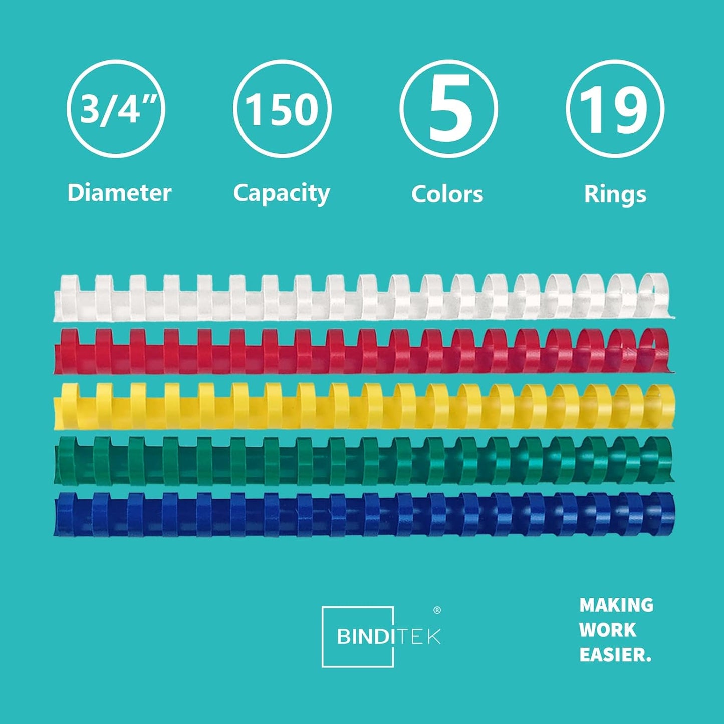 Binditek 30 Pack Plastic Binding Comb Spines, 3/4 Inch Diameter, 150 Sheet Capacity, 19 Ring, for Letter Size, Multi Color (White, Yellow, Red, Green, Blue)