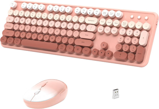 Wireless Keyboard and Mouse, Full-Size Retro Typewriter Keyboard with Round Keycaps, 2.4GHz for Windows, Mac, Laptop, PC, Desktop (Peach Gradient)