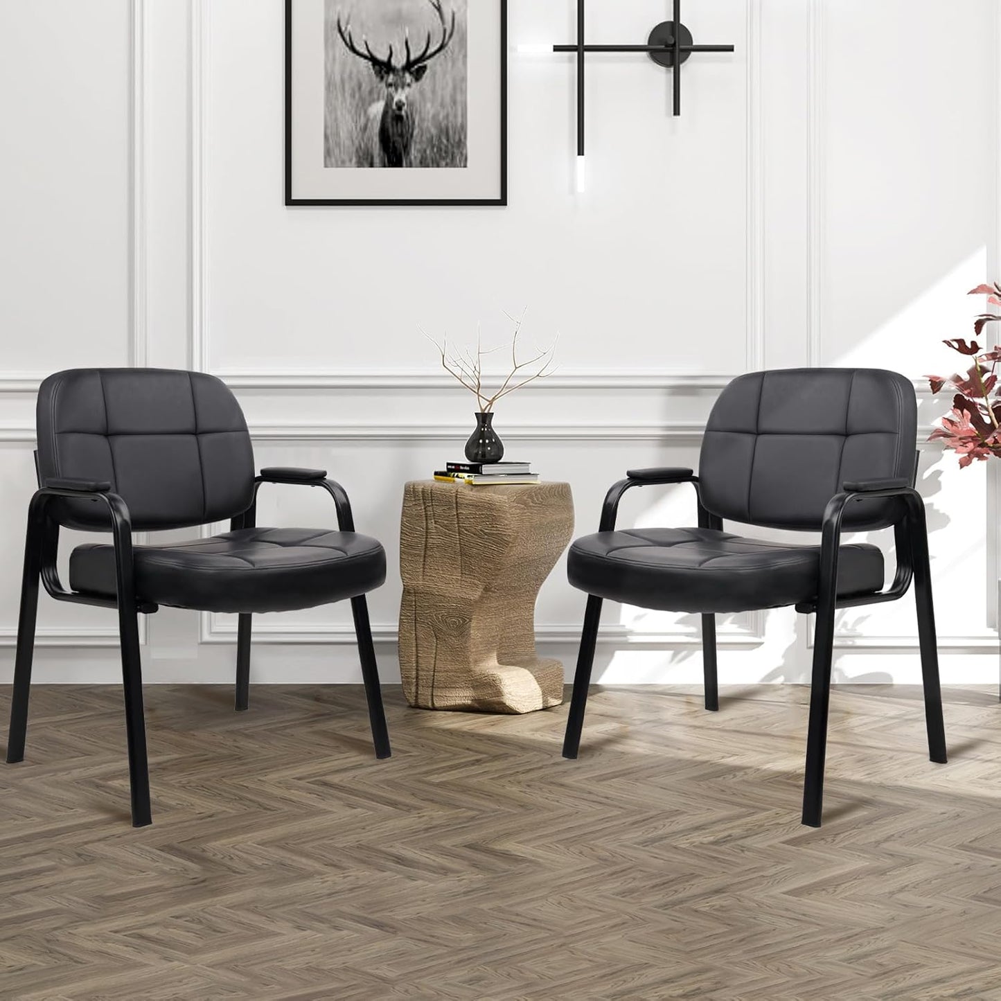 CLATINA Big & Tall 500 lbs Waiting Room Guest Chair, Leather Office Reception Chair No Wheels with Padded Arms for Elderly Home Desk Conference Room Lobby Side Salon Clinic, Black(2 Pack)