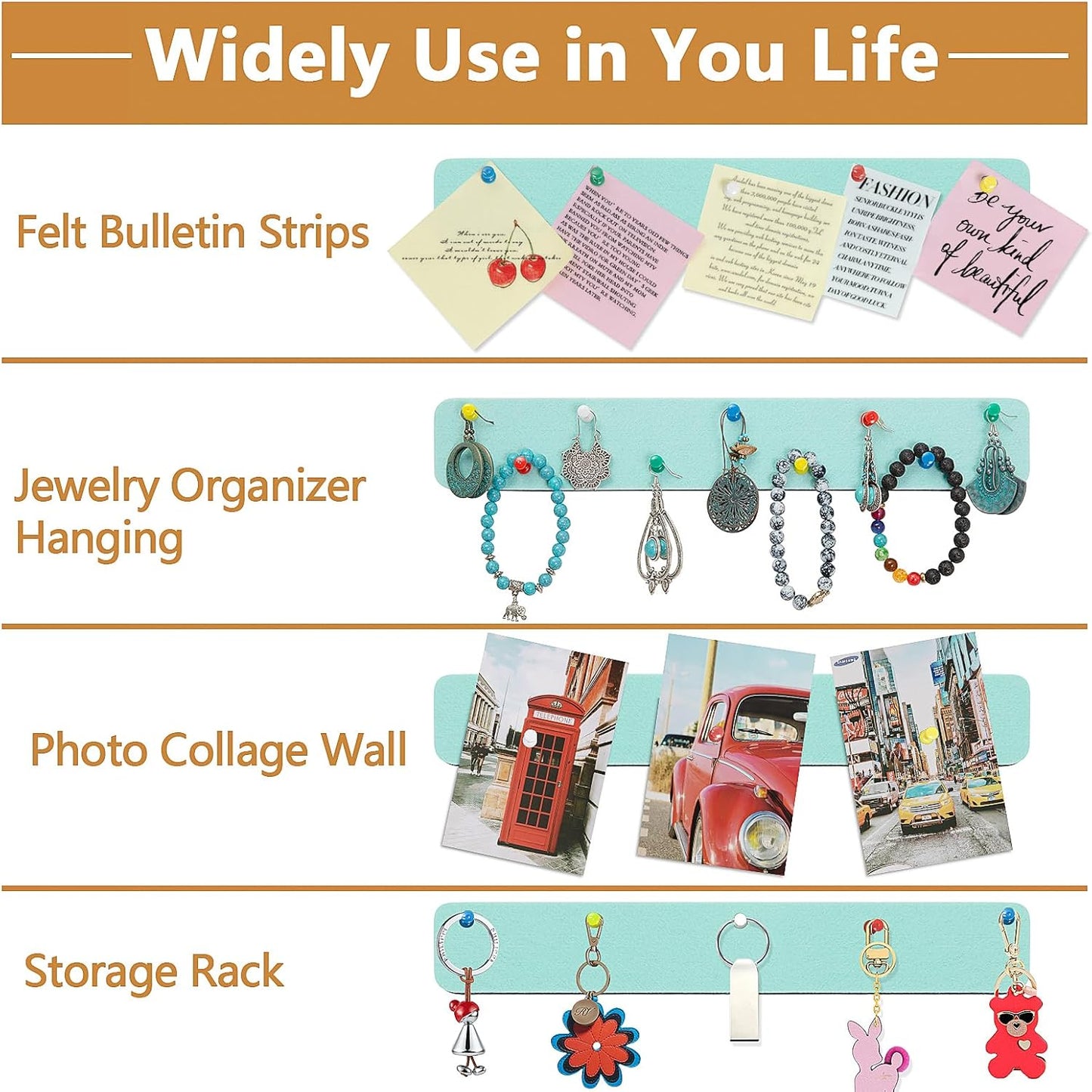 Felt Pin Board Bar Strips Bulletin Board for Bedrooms Offices Home Wall Decoration, Notice Board Self Adhesive Cork Board with 35 Push Pins for Paste Notes, Photos, Schedules (Light Blue)