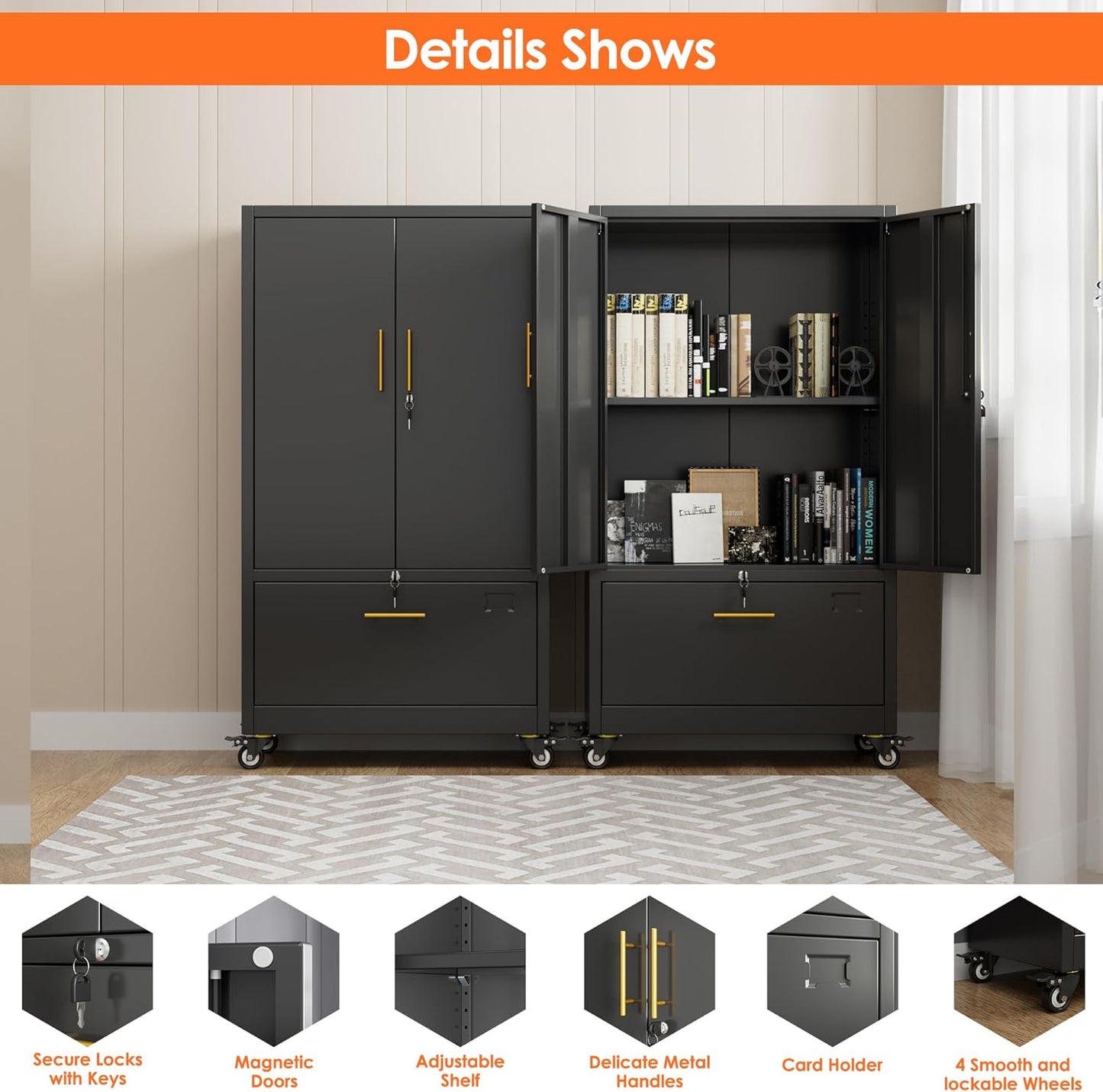 Aobabo Metal 1 Drawer Office File Cabinet with Lock and 2 Doors, Office Steel Files Cabinet with Wheels, Legal/Letter A4 Size, Assembly Required, Black