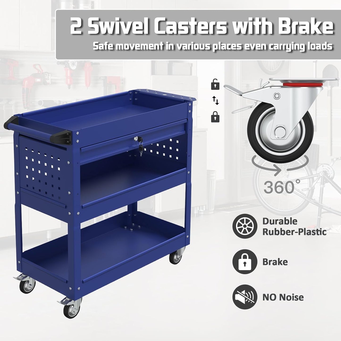 3 Tray Rolling Tool Cart, 400 LBS Capacity Mechanic Tool Carts on Wheels, Heavy Duty Utility Cart with Drawers, Metal Work Cart for Garage, Warehouse and Repair Shop, Blue