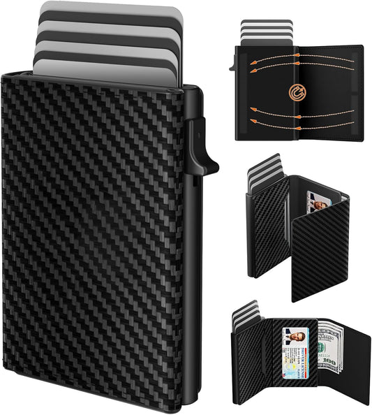 Mens Wallet Card Holder - Pop Up Aluminum Case, Flexible Carbon Fiber Leather, Smart Wallet for Men, RFID Blocking, Slim, Minimalist, Front Pocket - 9-14 Card Capacity | ID Window | Cash Slot