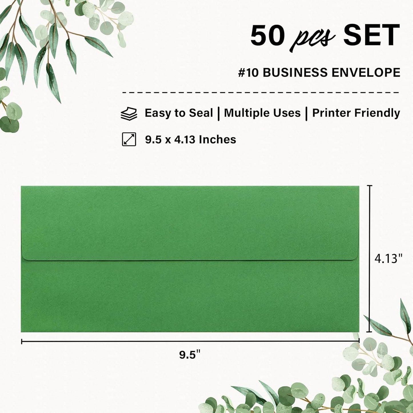 50 Pack #10 Business Envelopes, Self Seal Standard Green Envelopes for Secure Business & Legal Mailing, Office, Checks, Letter, Invoices, 4 1/8 x 9 1/2 Inches