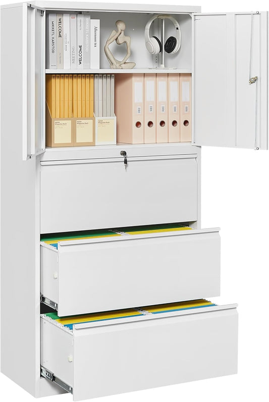 SISESOL 3 Drawer Lateral File Cabinet with Lock,White Filing Storage Cabinet with Doors and Shelves,Locking Metal Storage Cabinets with Drawers for Home,Office,Garage,School,Fit A4/Letter/Legal File