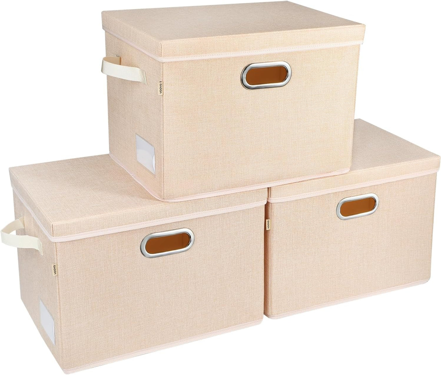 Voova Large Collapsible Storage Bins with Lids, 3 Pack Stackable Line Fabric Cube Storage Organizer, Foldable Closet Storage Boxes Baskets Containers with Cover for Clothes Bedroom Office Home,Apricot