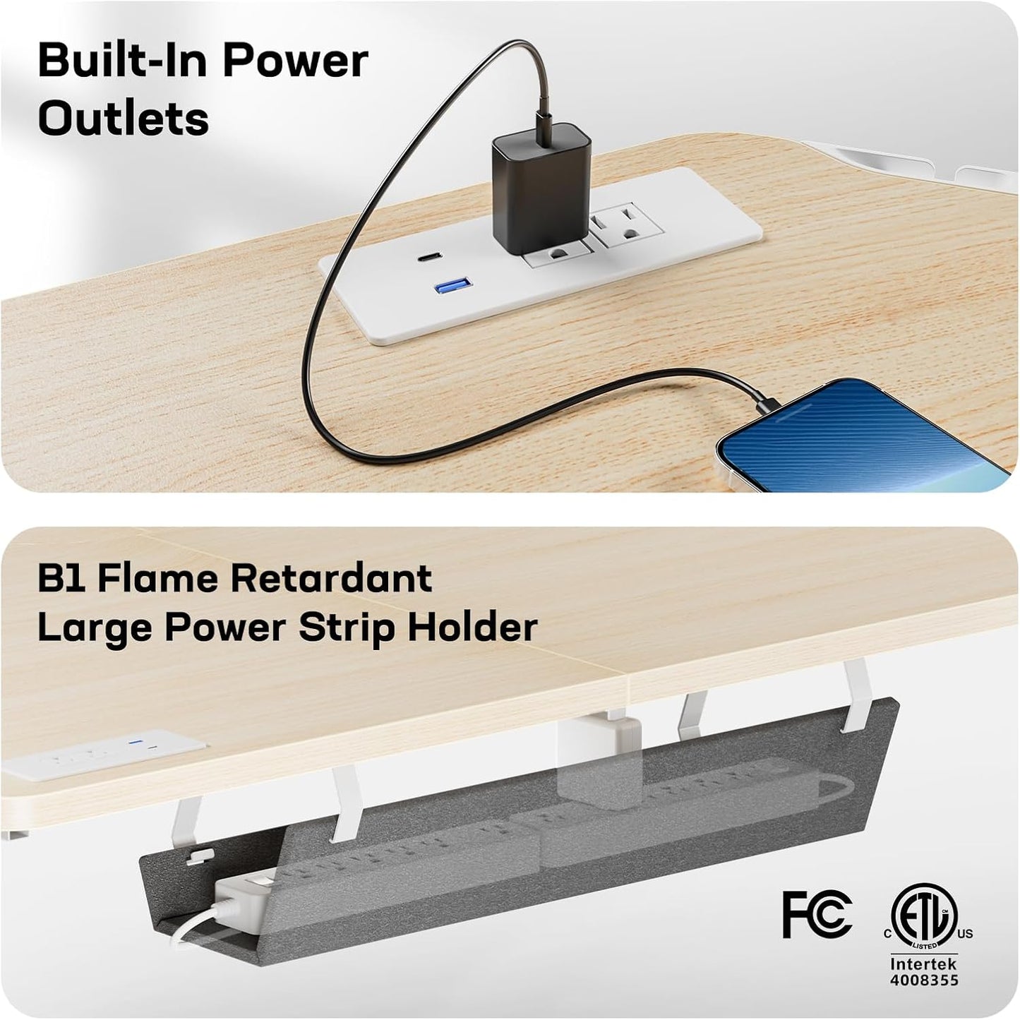 HUANUO 63″ Dual Motor L-Shaped Standing Desk, Built-in Power Outlets, Electric Height Adjustable Corner Computer Desk, Large Power Strip Holder, Sit Stand Up Desk with 3 Preset Heights, Natural Wood