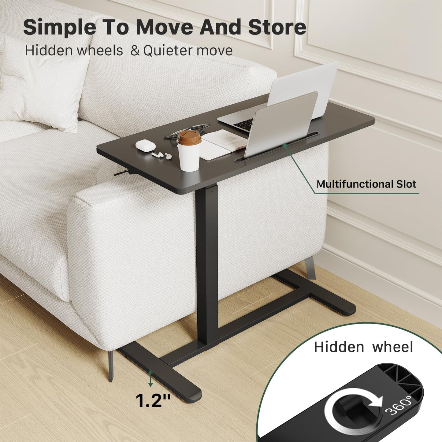 Mobile Standing Desk, Pneumatic Adjustable Rolling Desk(31.5 Inches), Portable Laptop Desk with Wheels, Overbed Bedside Table Laptop Table for Couch, Home, Office, Black