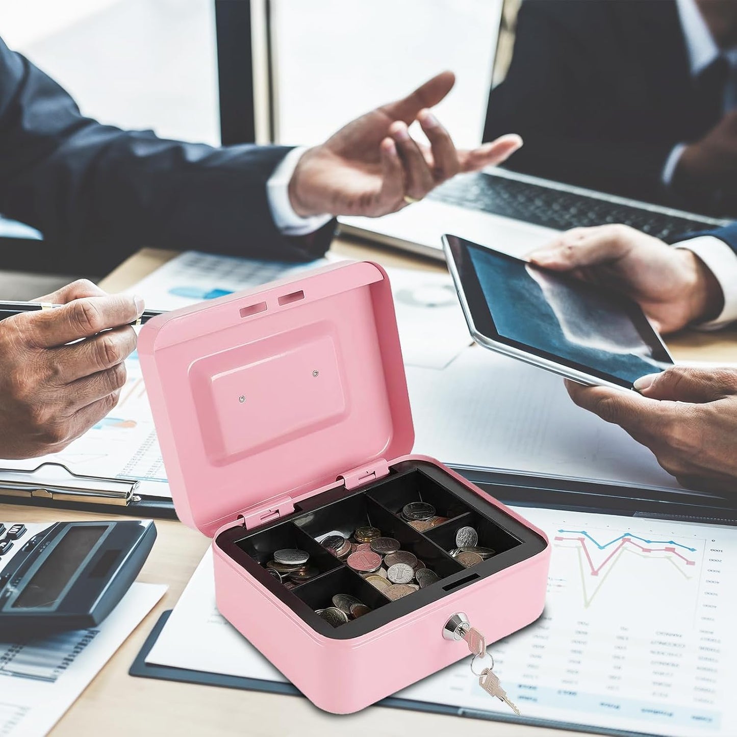 xydled Locking Steel Large Cash Box with Removable Coin Tray and Key Lock,9.84"x 7.87"x 3.54",Pink