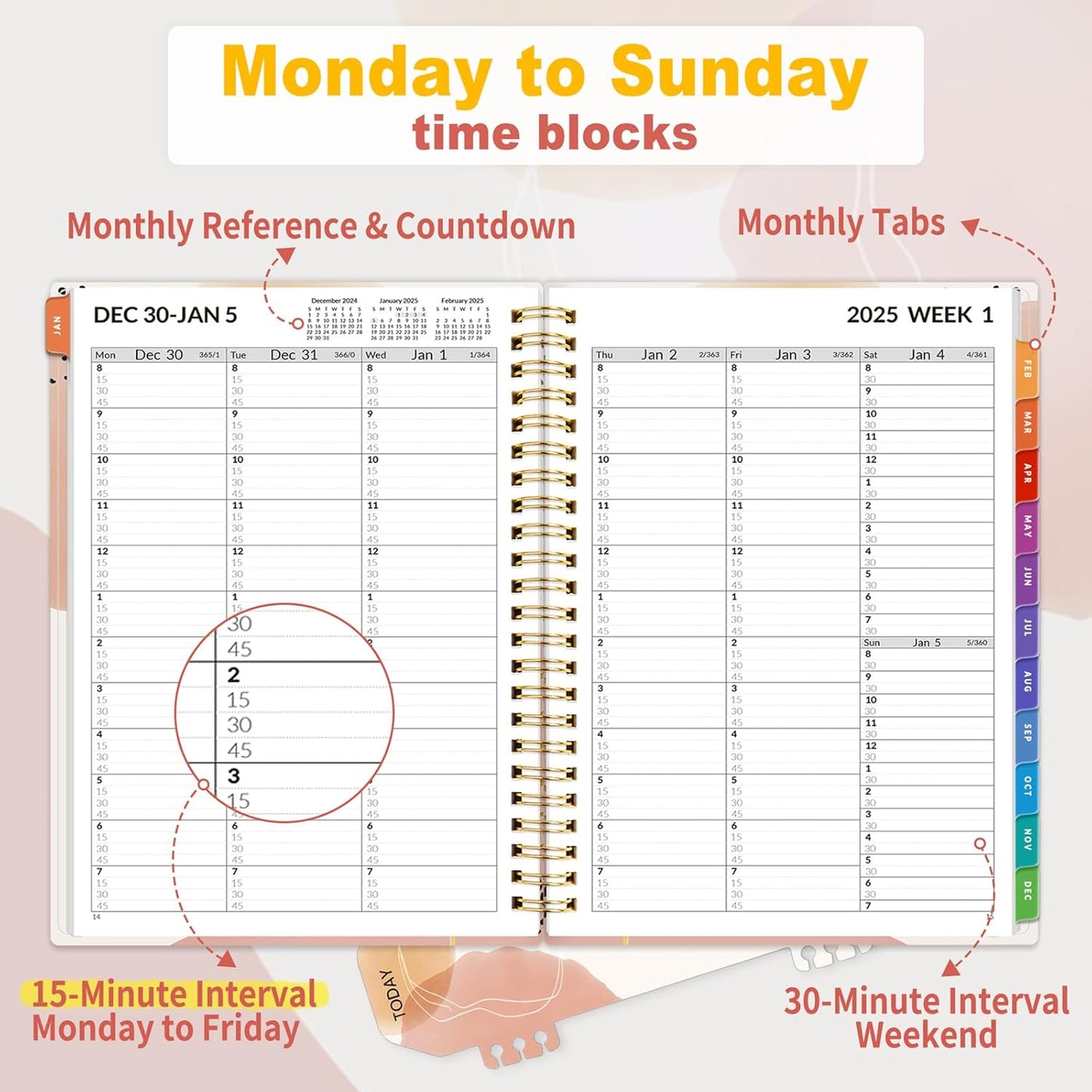 SUNEE 2026 Appointment Book, Quarter-Hourly, Weekly & Monthly - from January 2026 - December 2026, 6.4"x8.3" Weekly Planner, Flexible Cover, Note Pages, Pockets, Bookmark, Spiral Binding, Pink Breeze