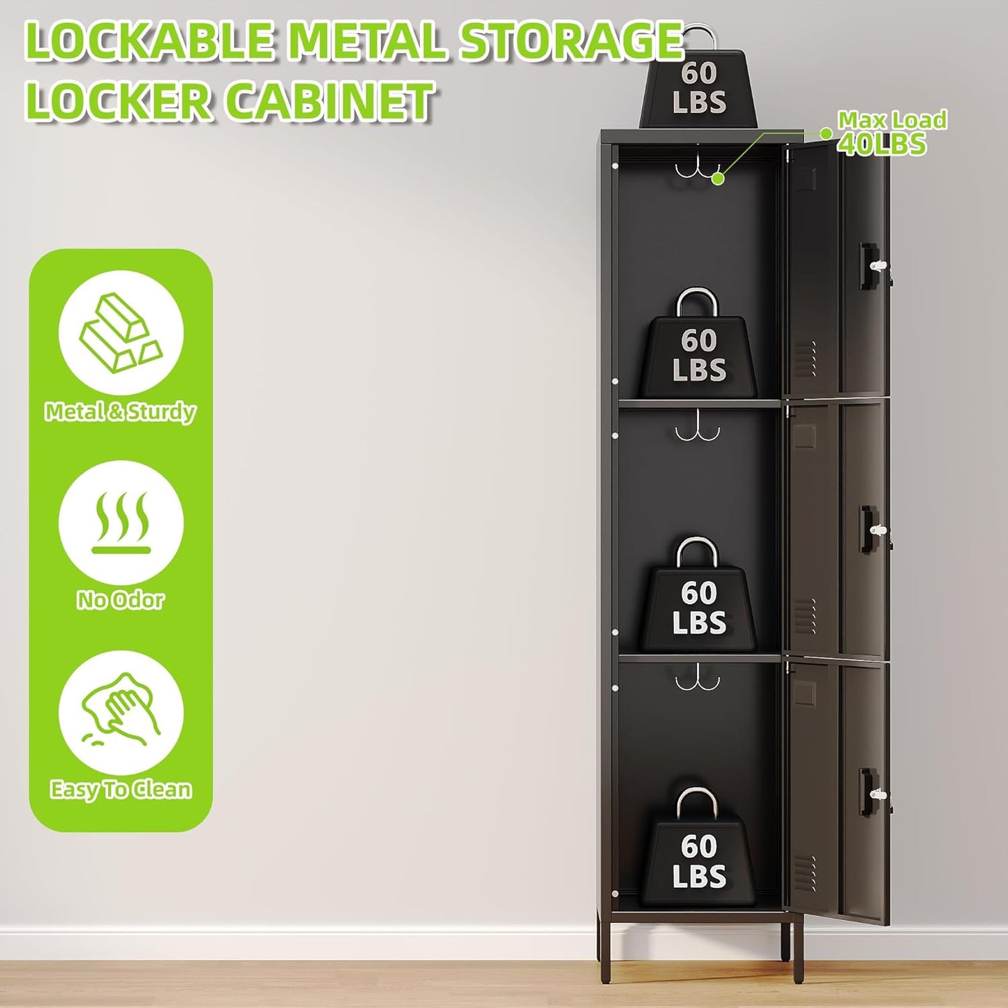 Aobabo 16" W 3 Door Metal Storage Locker with Lock, 66" H Steel Locker with Name Card Holder and Metal Hook for School, Home, Office, Playroom, Assembly Required, Black