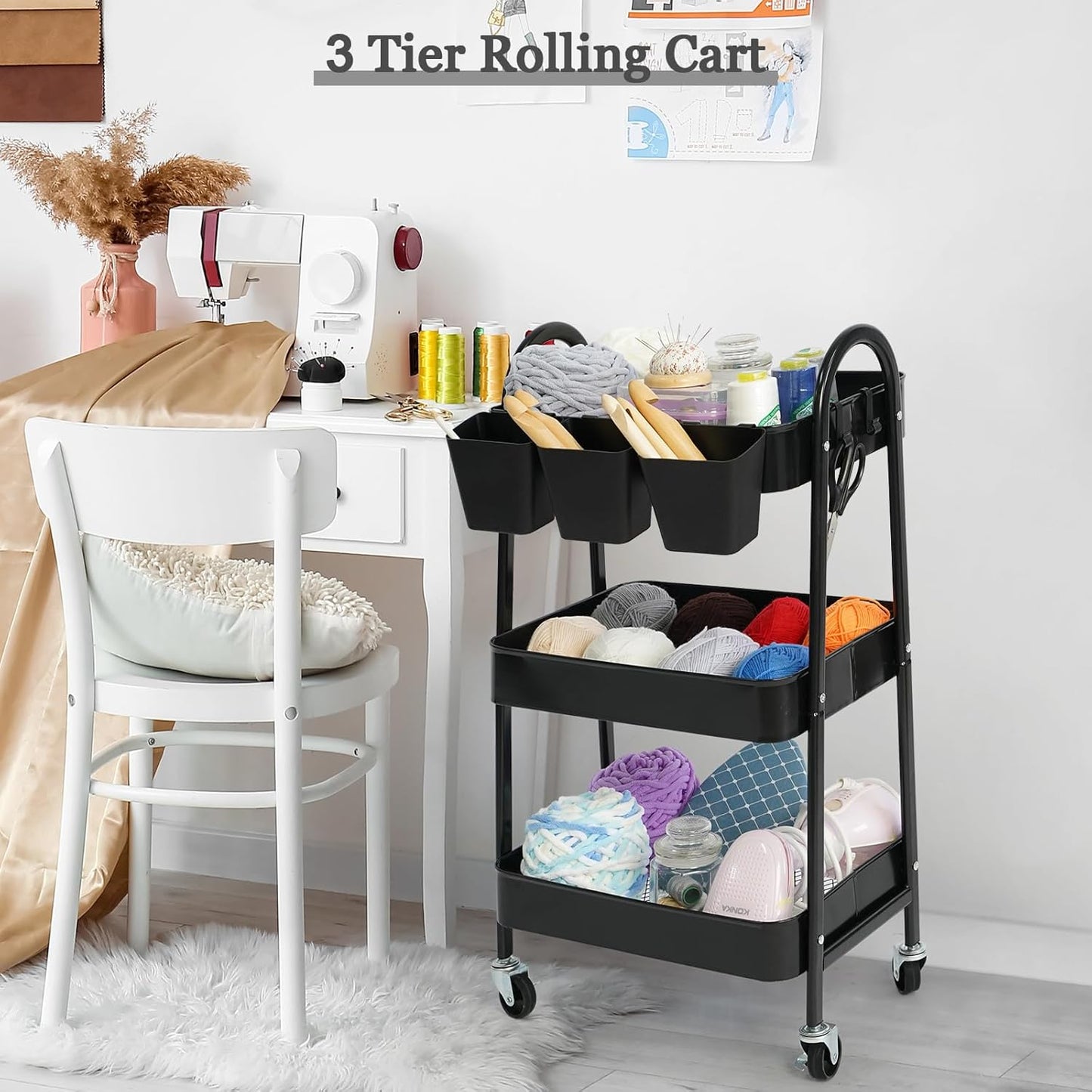 danpinera 3-Tier Rolling Cart, Metal Rolling Storage Cart with Lockable Wheels & Hanging Cups & Hooks, Mobile Trolley Cart for Kitchen, Bathroom, Office, Workshop, Black