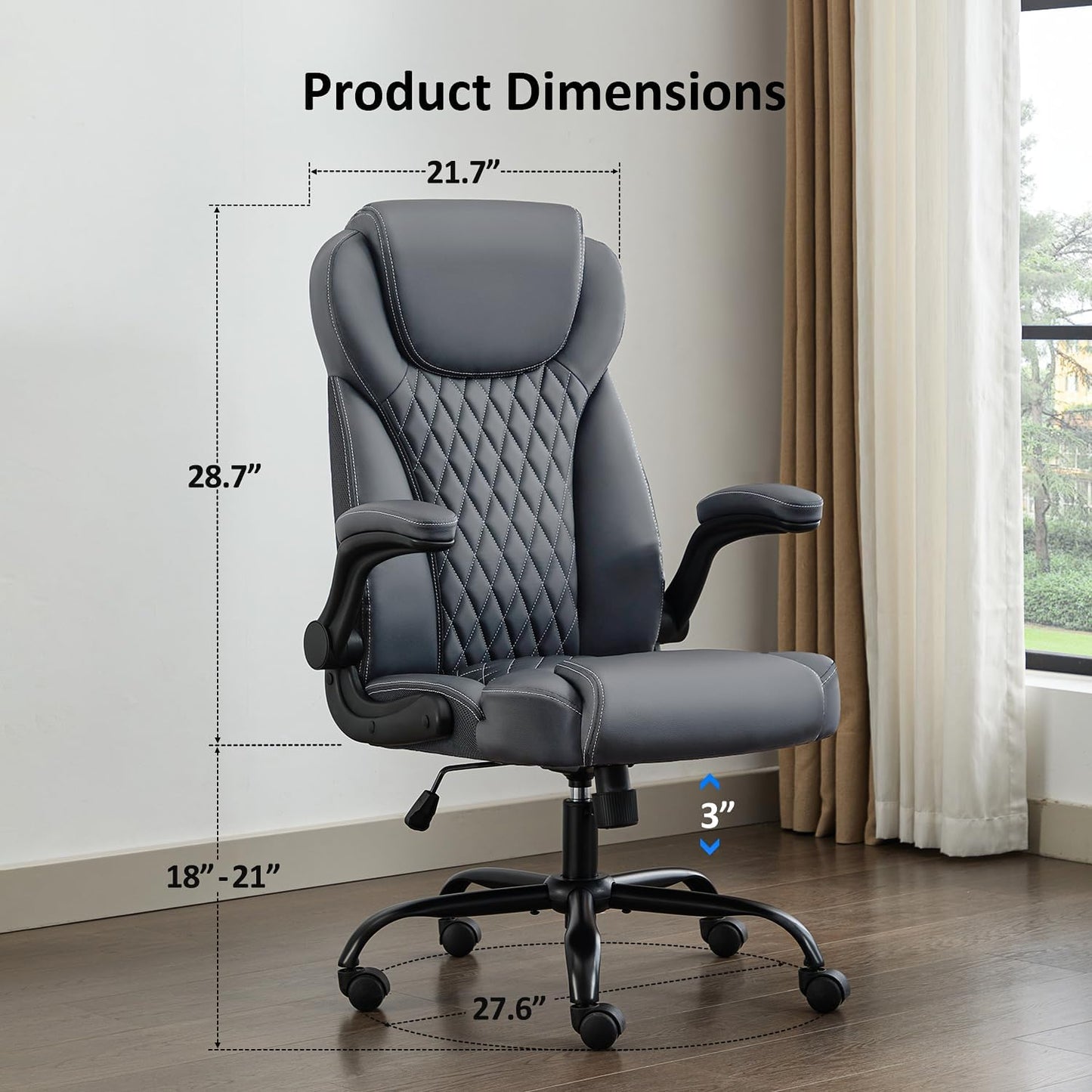 Office Chair, Executive Leather Chair Home Office Desk Chairs, Ergonomic Computer Desk Chair with Adjustable Flip-Up Arms, Lumbar Support Swivel Task Chair with Rocking Function (Gray)