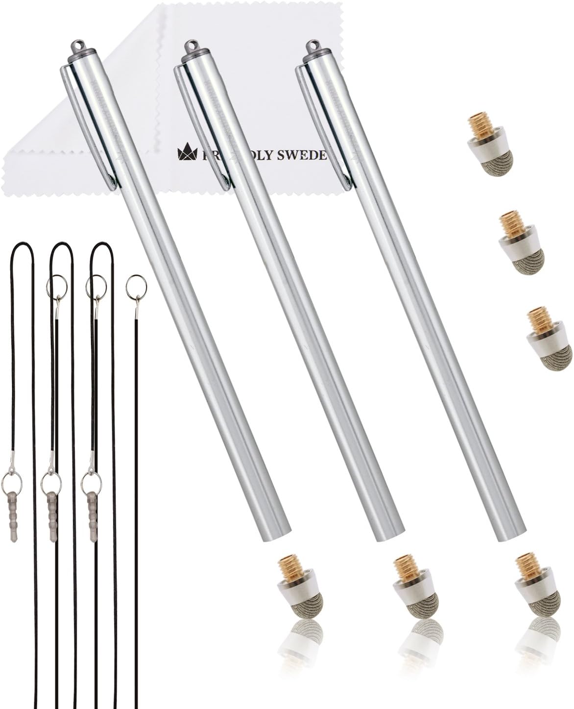 The Friendly Swede Extra Long Stylus Pen for Touchscreen — Set of 3 Micro-Knit 7.3" Capacitive Stylus Pens; Including 3 Replaceable Fiber Tips, 3 Elastic Lanyards & Cleaning Cloth - Silver