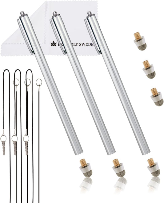 The Friendly Swede Extra Long Stylus Pen for Touchscreen — Set of 3 Micro-Knit 7.3" Capacitive Stylus Pens; Including 3 Replaceable Fiber Tips, 3 Elastic Lanyards & Cleaning Cloth - Silver