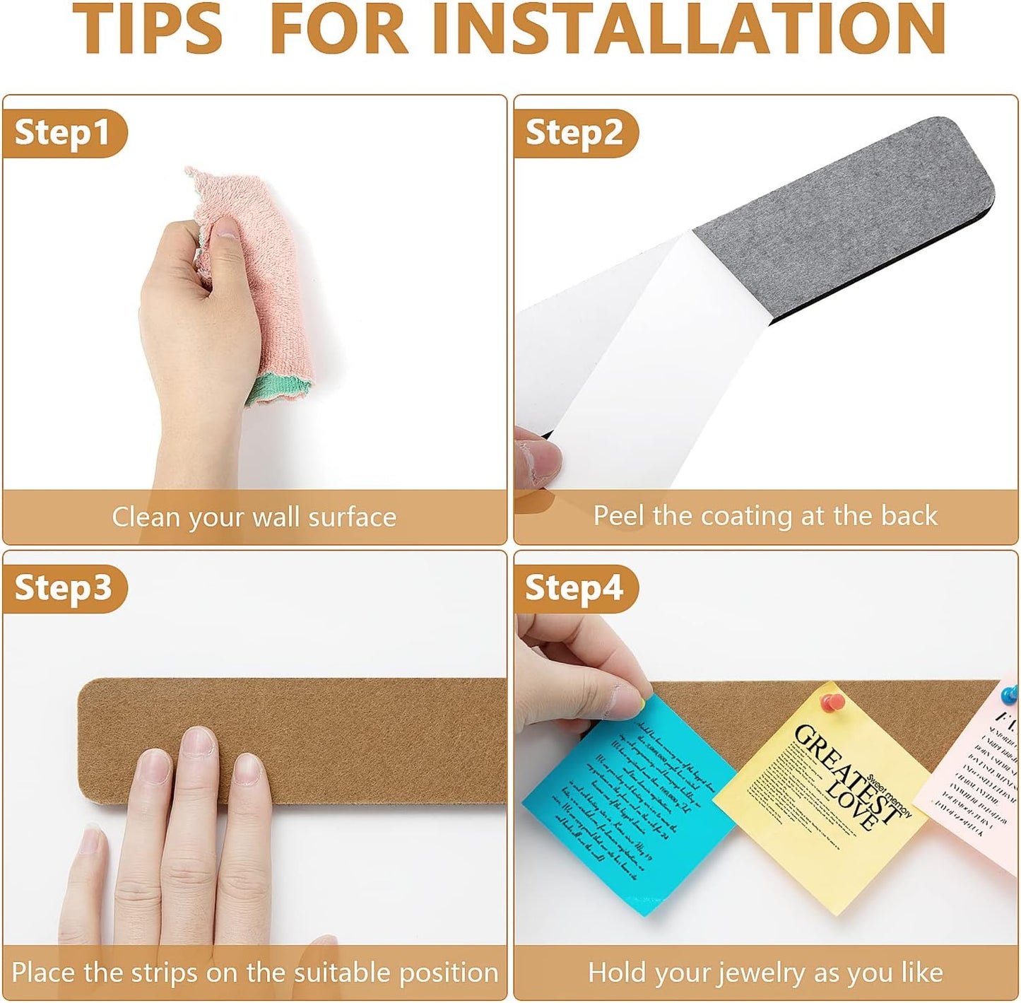 8 Pack Felt Pin Board Bar Strips Bulletin Board for Bedrooms Offices Home Wall Decoration, Notice Board Self Adhesive Cork Board with 50 Push Pins for Paste Notes, Photos, Schedules