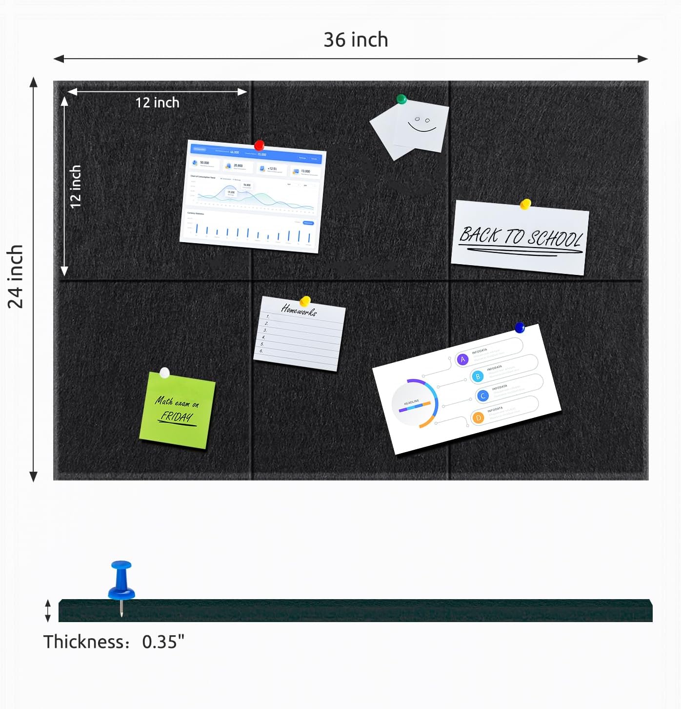 Cork Board for Wall,36"x24" 6 Pack Felt Wall Tiles with Safe Removable Adhesive Tabs,Bulletin Board for Home Office Kitchen,Pin Board Notice Board for Photos Memos,Black