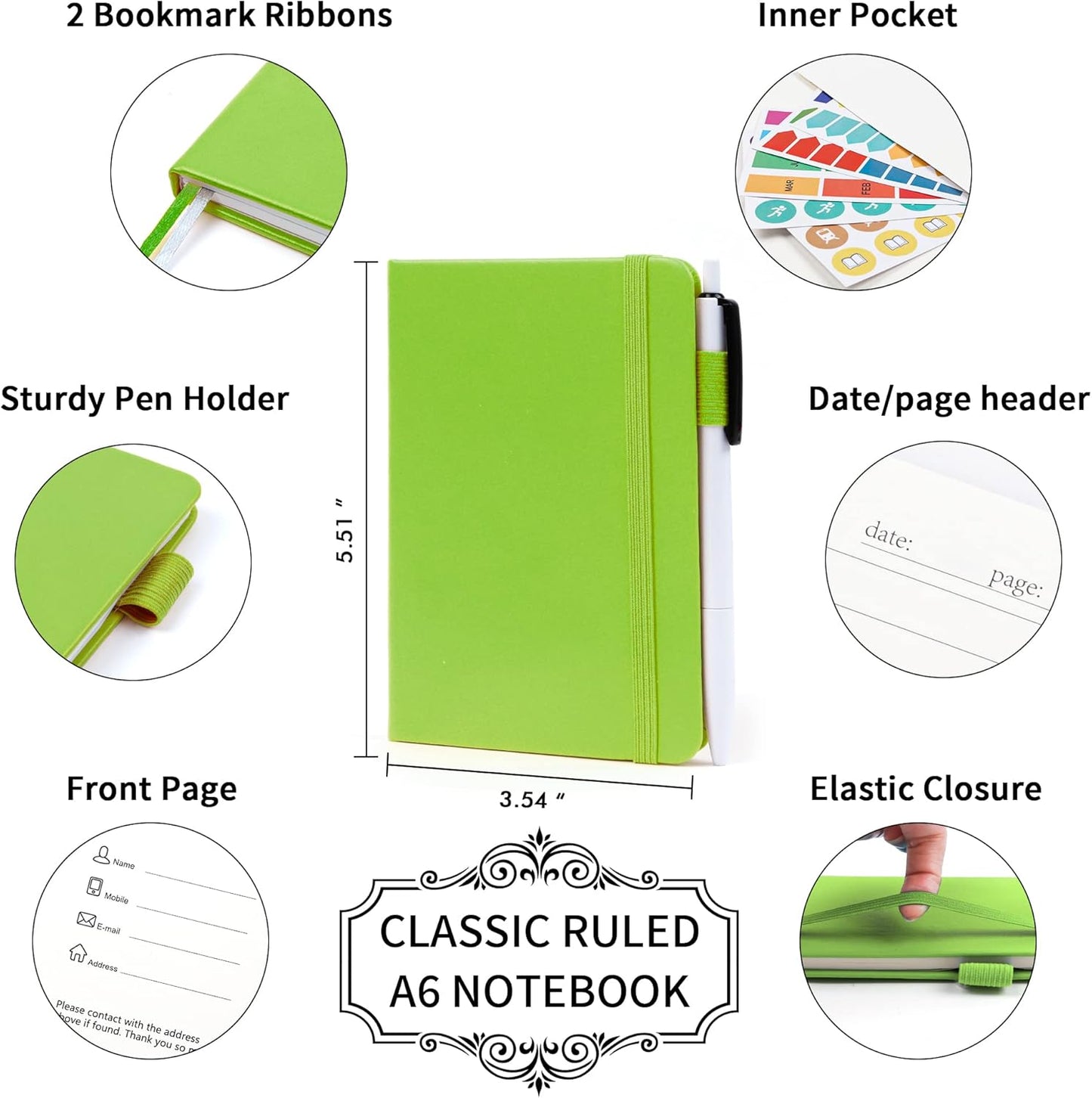 feela 3 Pack Pocket Small Notebook Journals, Mini Cute Memo Notepad Hardcover College Ruled Lined Journals with Pen Holder for Women Girls Office School, with 3 Black Pens, 3.5”x 5.5”, A6, Green