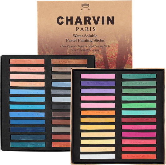 Charvin Artist Colored Chalk Pastels (Set of 48) - Water Soluble, Assorted Pastel Color Sticks for Wet, & Dry Painting