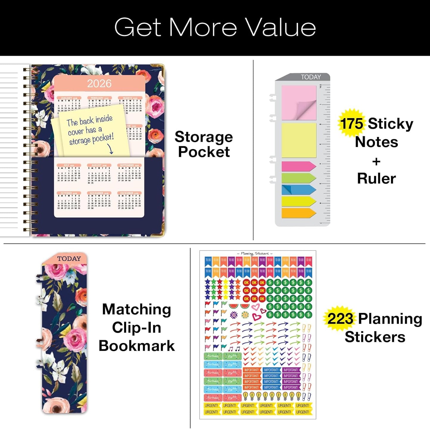 HARDCOVER Academic Year 2025-2026 Planner: (June 2025 Through July 2026) 8.5"x11" Daily Weekly Monthly Planner Yearly Agenda. Bookmark, Pocket Folder and Sticky Note Set (Small Navy Floral)