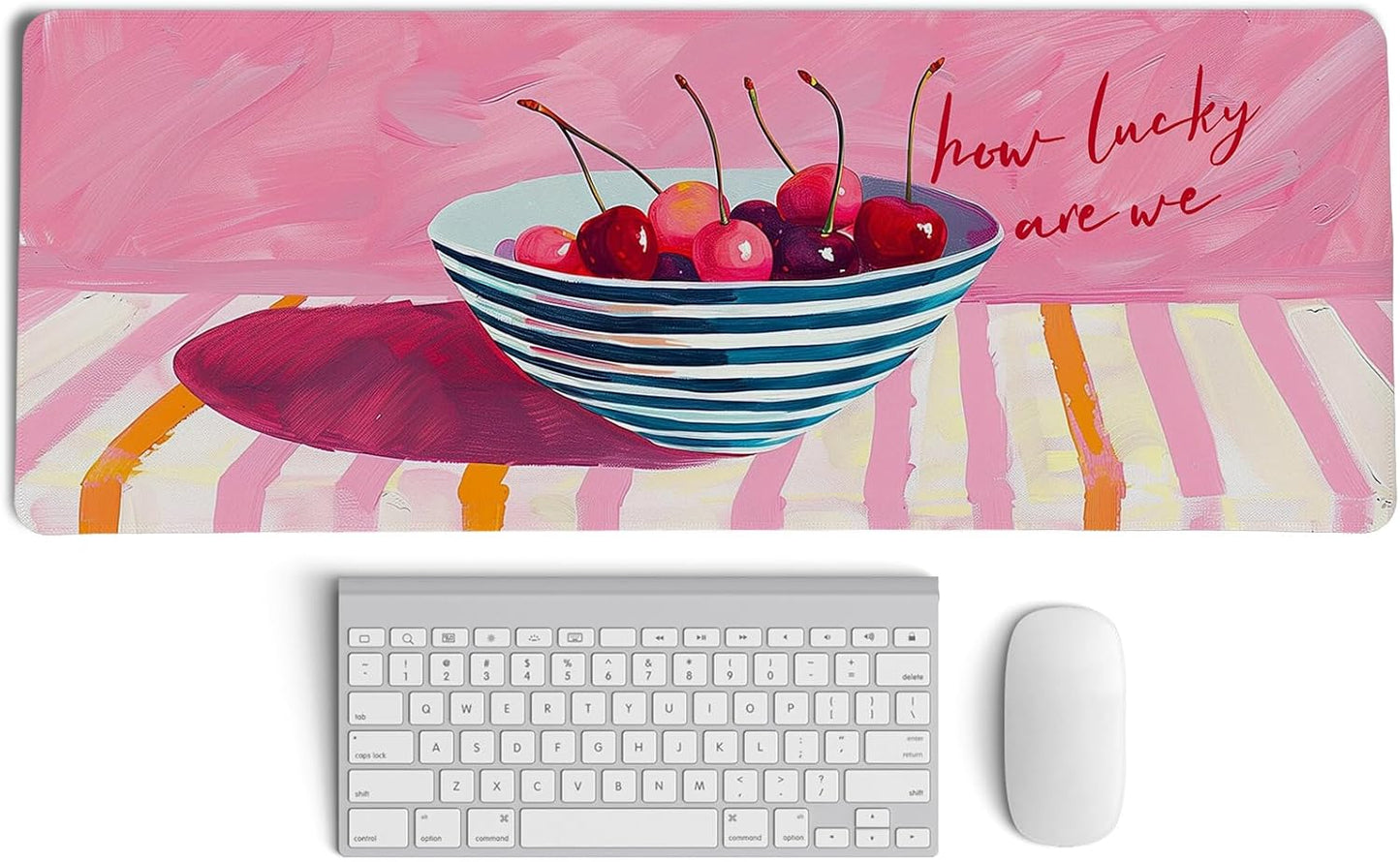 Pink Cherry Mouse Pads,Fun Girly Offices Decor Desk Mat,Pink Preppy Desk Mat,How Luck XL Large Mouse Pad,Fun Office Accessories Decor for Women Home Office Dorm 31.5x11.8Inch