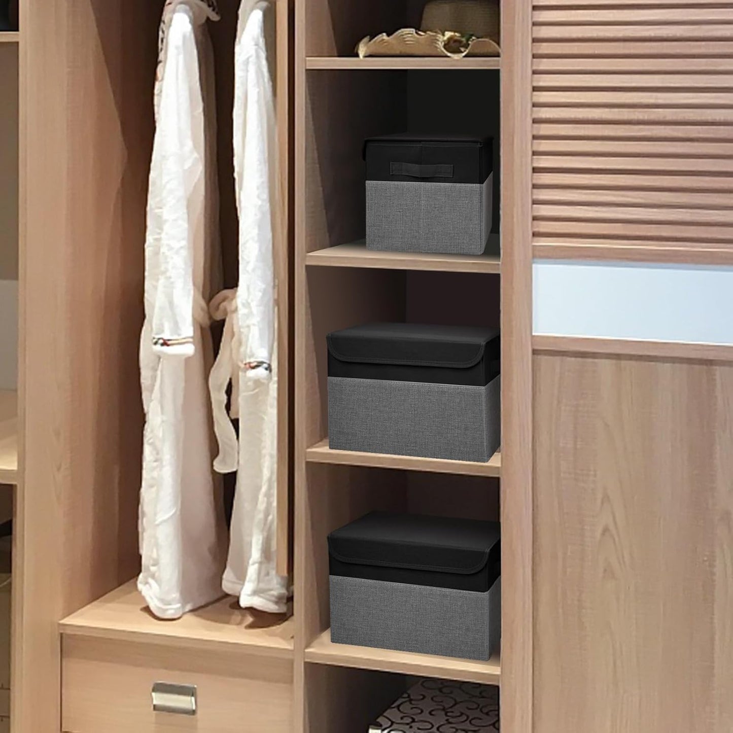 Large 22 Quart Linen Fabric Foldable Storage Bin Cube Organizer Basket with Flip-Top Lid & Handles, Clothes Blanket Box for Home, Office, Closet, Black & Gray, 4 Pack 14.6 x 9.5 x 9.5