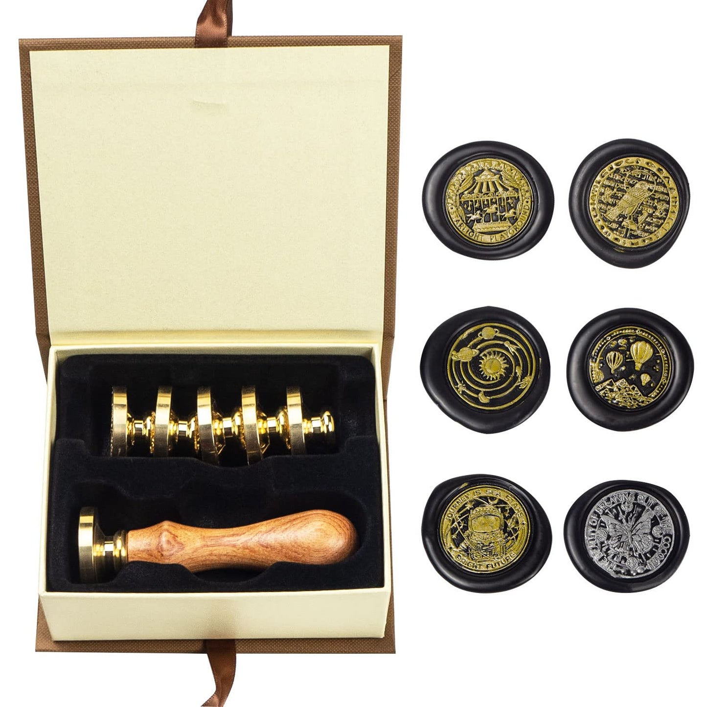 Moon Wax Seal Stamp Set with 6 PCS Removable Brass Heads and 1 Wooden Handle - Sunbird Fox Starry Sea Planet Sealing Wax Stamp for Cards Invitations