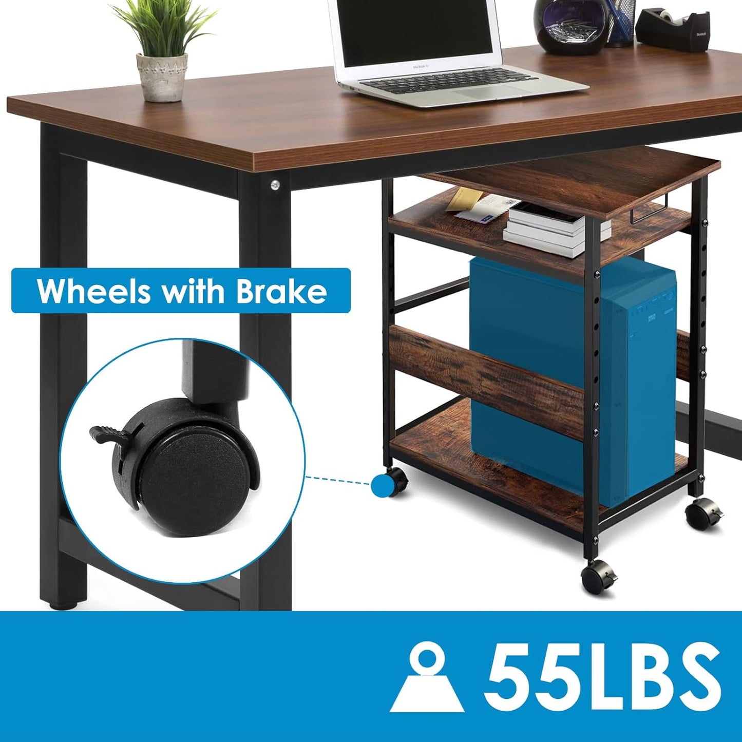 Computer Tower Stand Under Desk, Computer Tower and Printer Stand, Computer & Machine Carts, 3-Tier Computer Tower Floor Stand with Side Shelf, Wood and Metal Printer Table for Home Office