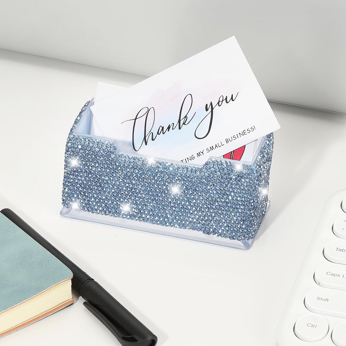 PATIKIL Rhinestone Business Card Holder, Crystal Business Card Holders Bling Business Card Organizer Display Stand for Desktop Desk Office Exhibition, Blue