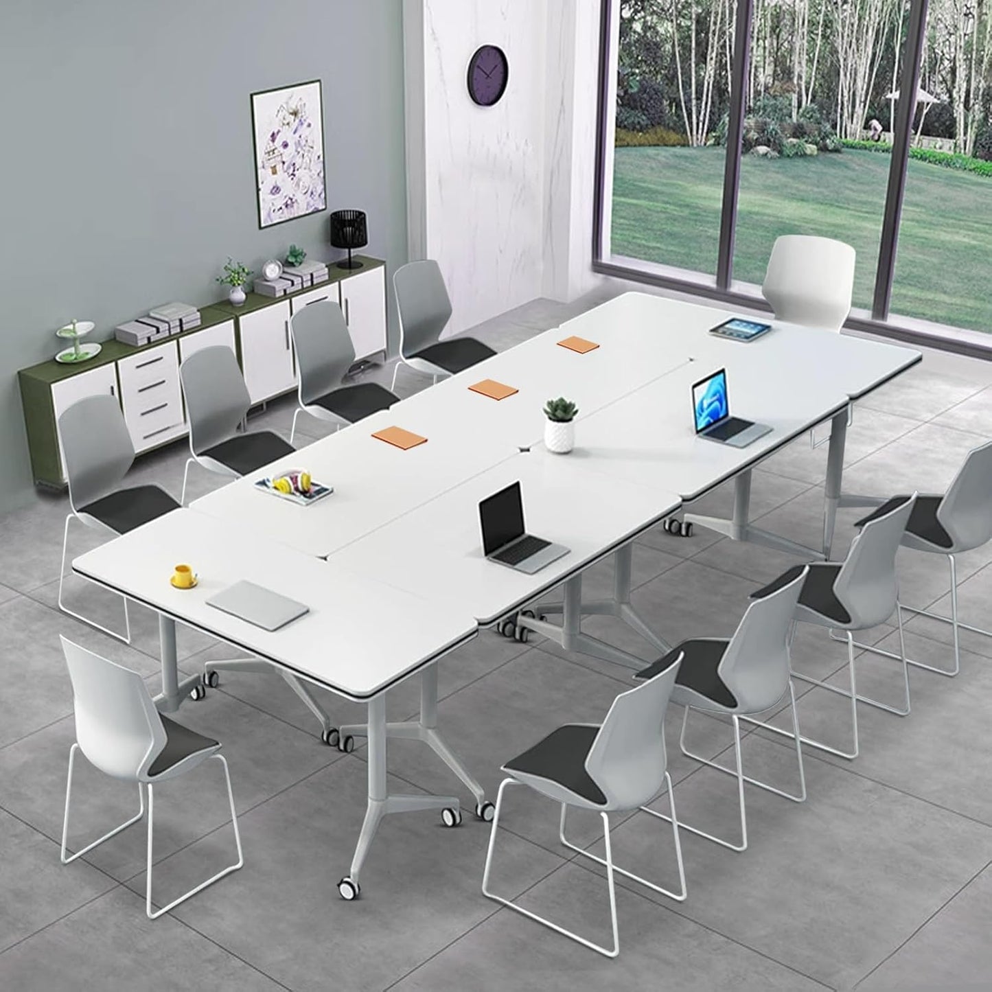 Folding Conference Table, Modern Large Conference Room Tables with Flip-Top Design, Foldable Conference Table Meeting Table with Wheels, Mobile Seminar Training Tables for Office Classroom (4, White)